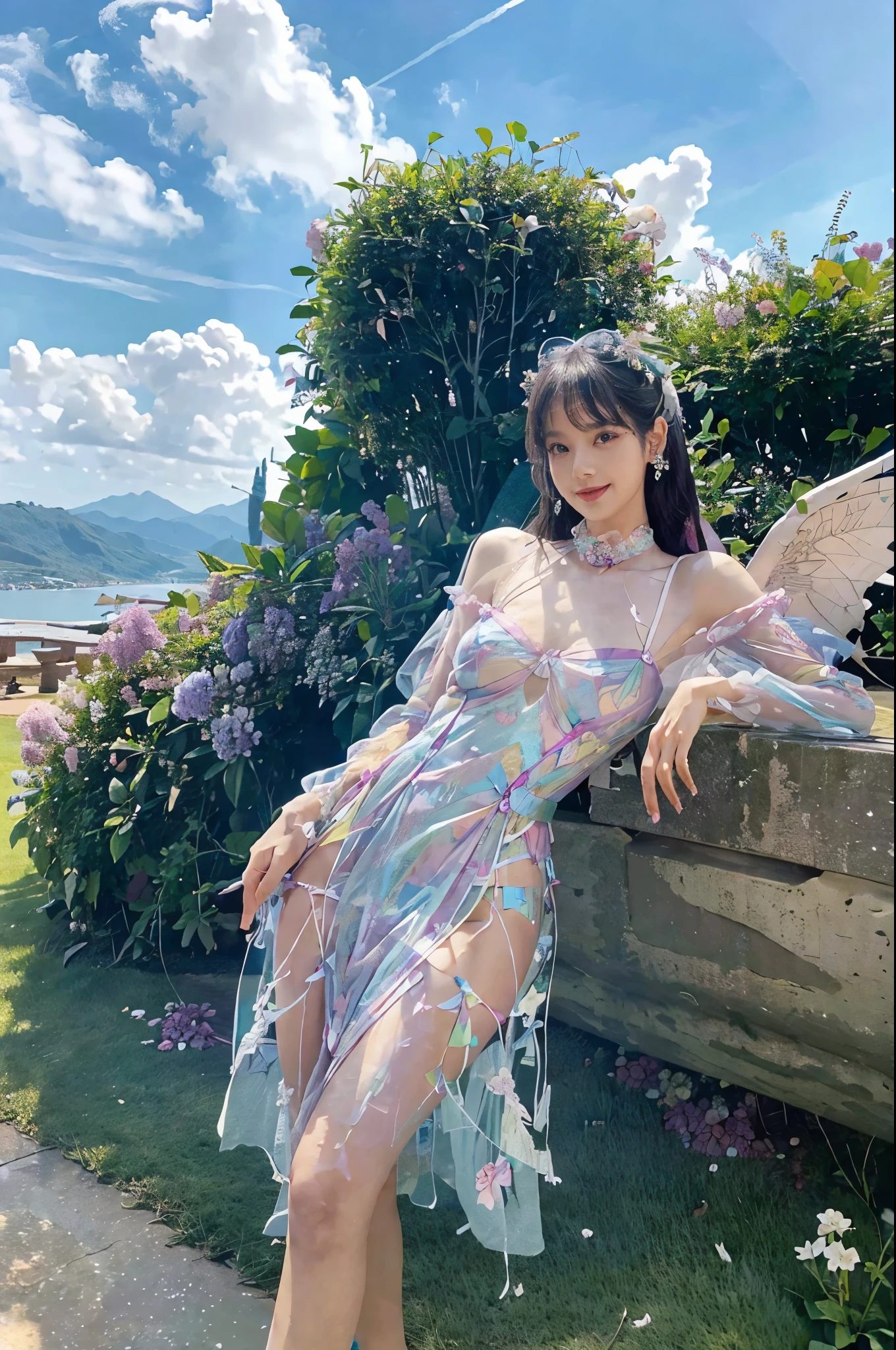 Accurate, Top Quality, Masterpiece, Precision, Ultra Detailed, Anatomically Correct, Meticulous, High Quality, (Photorealistic: 1.2), Sharp Focus, Cute Girl, Cowboy Shot, Translucent White Dress, (Made of Crystals), (Balloon Forest Theme, Great Colors, Detailed Design,), Portrait, Dream, Normal Breast, Thin Waist, Wide Hips, Sexy Thighs, Sweet, Fairy Tale Iridescent Pearls, Lots of Beautiful Flowers, Dynamic Pose, Change Pose, Dynamic Angles, Round Face, Black Hair, Long Eyelashes, Round Eyes, (Beautiful Face, Detailed and Perfect Face, Big and Even Eyes, ), Cute Hairstyle, Crescent Hair Ornament, Perspective, Depth of Field, Film Lighting, Textured Skin, (Field of Depth: 1.3), (((Blur))),