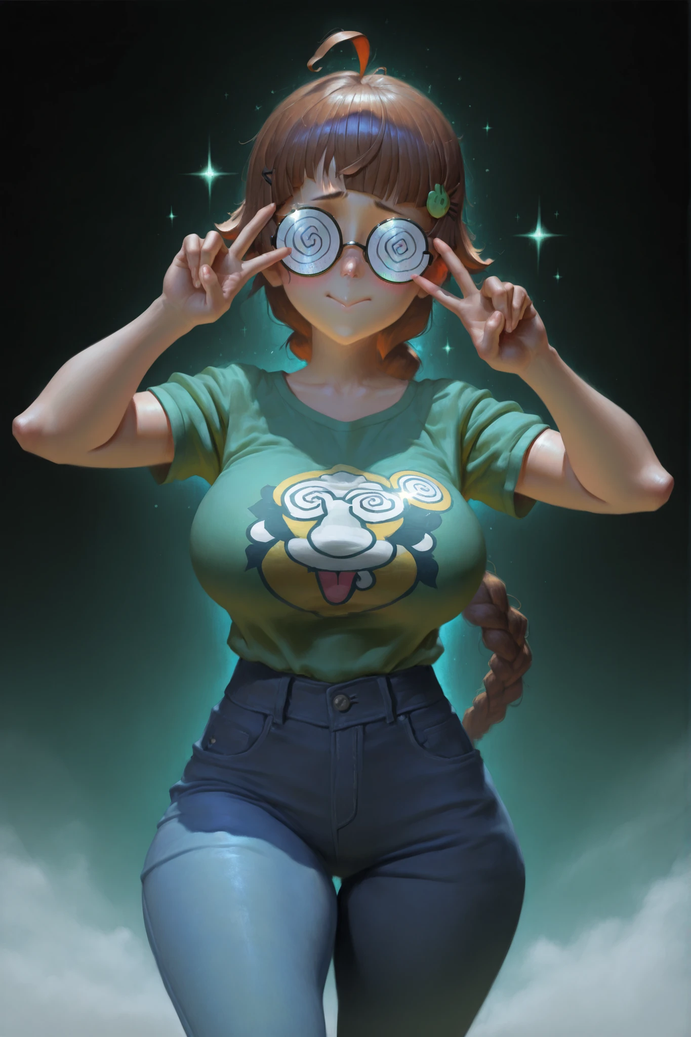 HDR, 8K, high contrast, masterpiece, best quality, amazing quality, very aesthetic, painting artstyle, realistic, newest, hyperdetailed painting, brushstrokes, digital painting, naranbaatar, semirealism, painterly,
BREAK
bounce light, hyperdetailed, detailed hair strands, detailed fibers, aesthetic, 8k wallpaper, detailed, masterpiece, best quality, amazing quality, very aesthetic, absurdres, 8K,masterpiece, great colors, color theory, great lighting, great composition, flawless. 1girl, solo, breasts, blush, green T-shirt, large breasts, brown hair, hair ornament, thick thighs, blue jeans, ahoge, braided hair. Single braid, Blunt bangs. Long side bangs, short sleeves, thighs, hairclip, green glass rims :>, v pose, round eyewear, @ @, opaque glasses, coke-bottle glasses. , sparkle, portrait