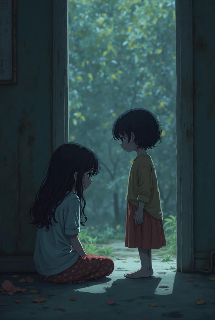 A girl with a disappointed face standing infront of a door opened talking to another girl inside the house of the opened door