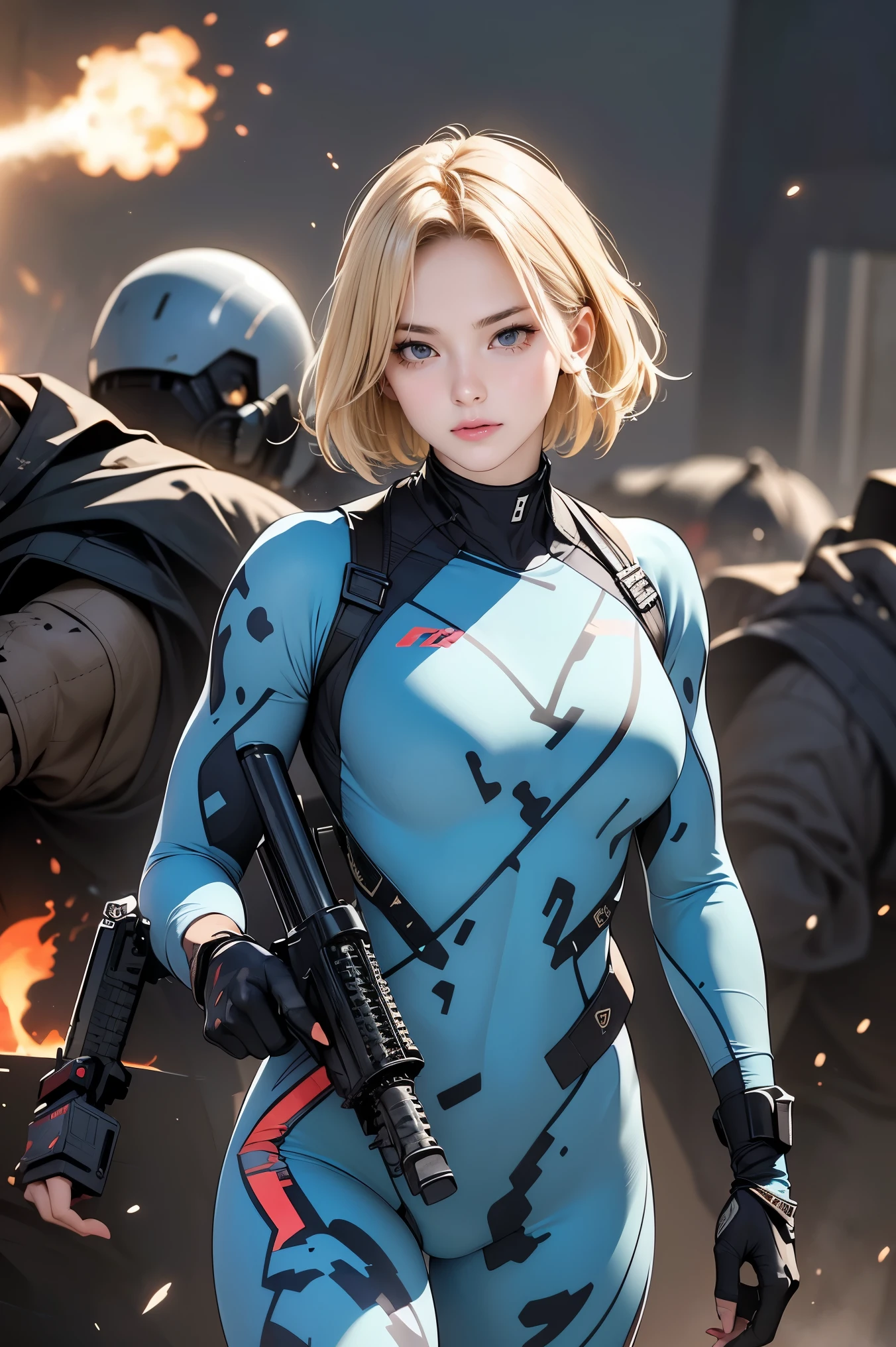 Browsing Caution, Anime screenshots, 16K, A body with perfect anatomical proportions, Perfect hands, action, Dynamic composition with a sense of speed and movement, (Hold an assault rifle:1.6), cute young girl, Perfectly beautiful, delicate and sexy face, Perfect and beautiful delicate eyes, Blonde Hair, Short Bob Hair, huge , Abdominal muscles, Camouflage colored heavy armor steam engine full armor power suit, Many heavily armored robot soldiers engaged in a gunfight in the background., flying bullets, Desert battlefield, war, explosive flame, Post-apocalyptic,