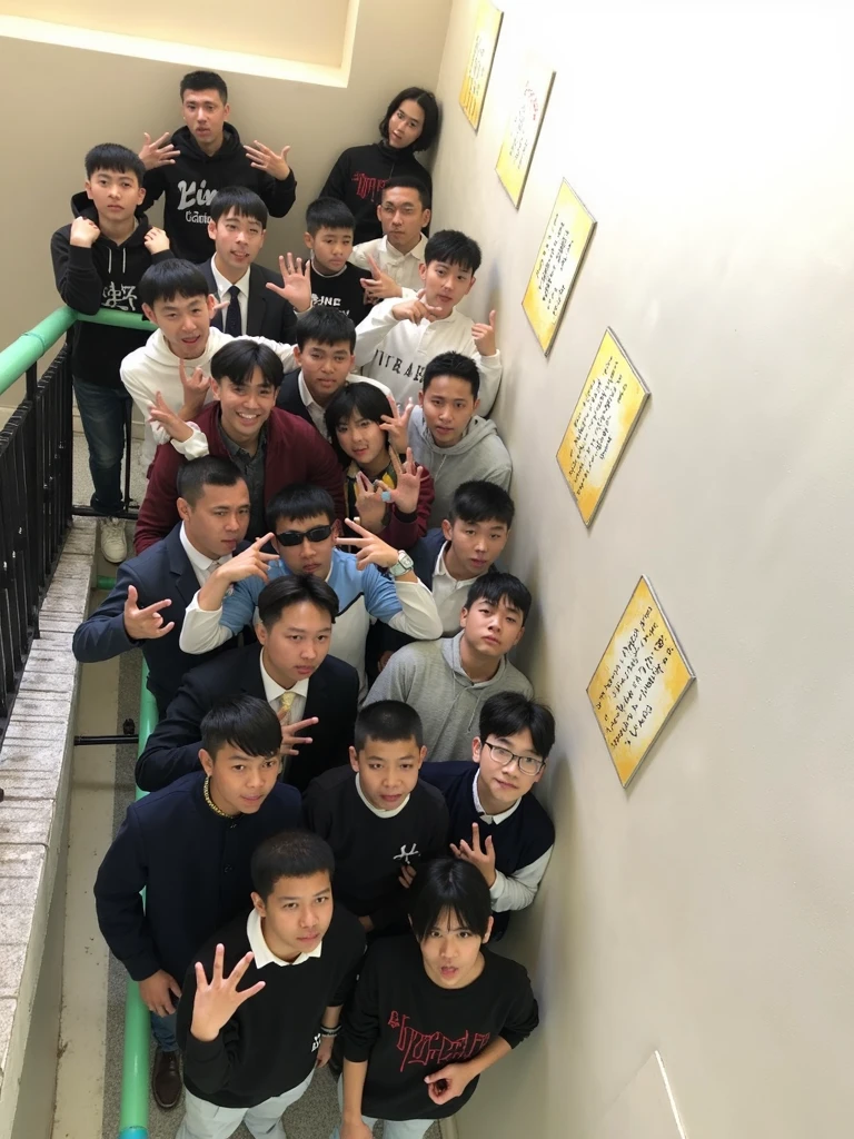 There are a lot of people standing in a room posing for pictures, Chinese men, Extremely quality, from china, Student, HD repair face