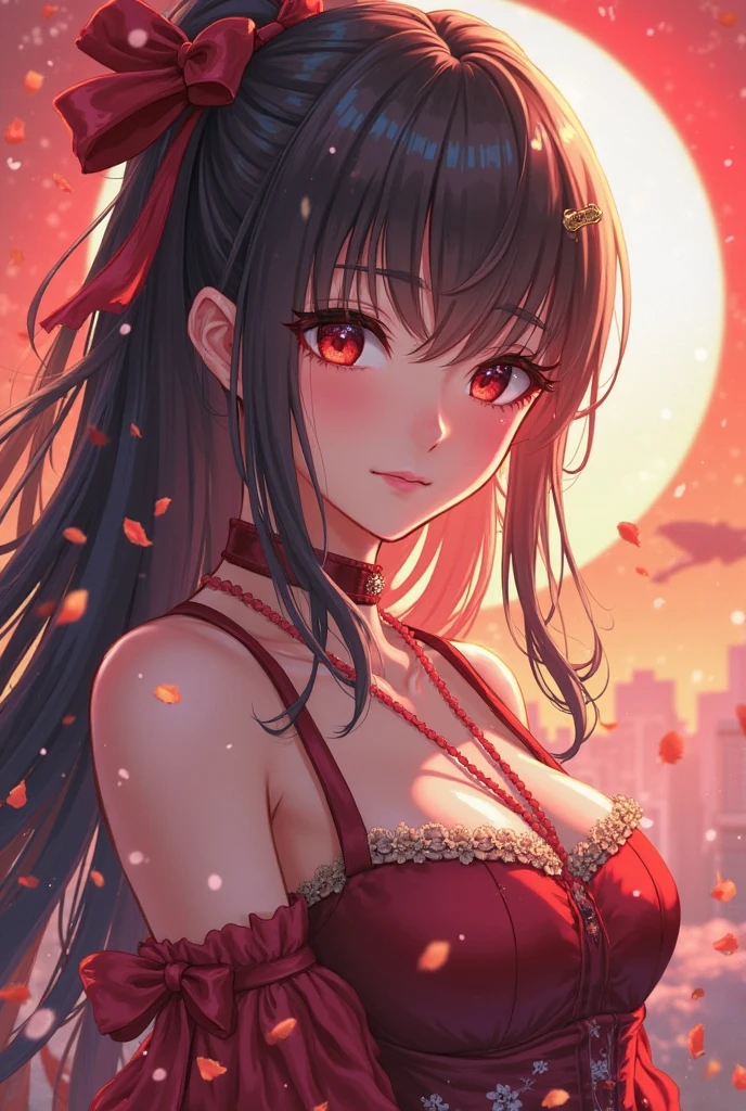 Asuna, masterpiece, best quality, detailed, (1 girl), alone, detailed golden eyes, long hair, permanent, Be close to the audience, (detailed kimono), faint smile, medium breasts,  (Put your arms behind your back), water, Sunset, (hair accessories), (cherry blossoms in bloom),  Snowy mountains and lake in the background