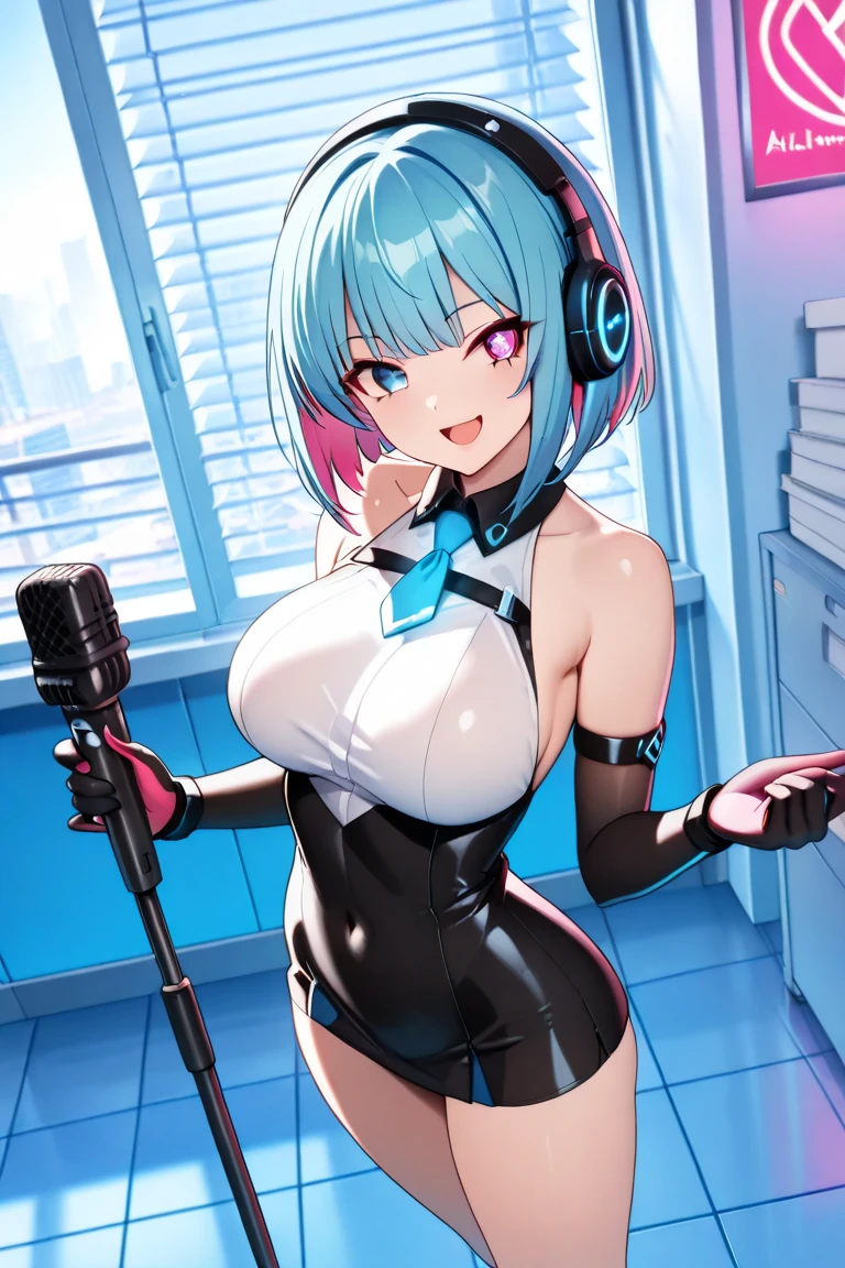 (anime artwork, anime style, studio anime, very detailed, up to date, vibrant, Anime Coloring, high contrast, masterpiece:1.2, best quality, best aesthetics),1 girl,cyber punk clothes, Medium chest, A glimpse of thighs,cyber punk hair, One eye is hidden by the bangs, perfect proportions, high detail skin, Cute, detailed faces,cyber punk cafe,sit, applying makeup, large breasts, cutout between underboob and shirt,very short pleated miniskirt,makeup, smart phone, 
