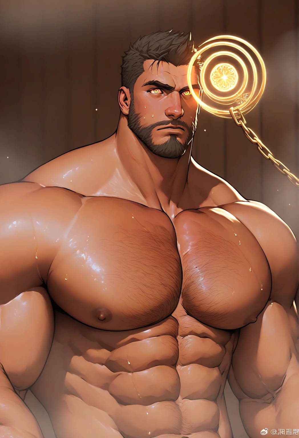 In the vast, empty landscapes of the orc wilderness, a handsome and muscular orc comes into view. His stubble-covered chin is scrunched up in thought, and his thick eyebrows furrow above his piercing, ultra-detailed eyes. The lighting on his hyperdetailed face illuminates the defined contours of his matured, beefy physique. He is the focus of the scene, with each muscle in his body detailed and defined, from his hyper pecs to his solid, powerful legs. His clothes are open at the chest, revealing his perfectly lit torso, and he gives off an air of calm confidence with a soft smile playing at the corners of his full lips. He we