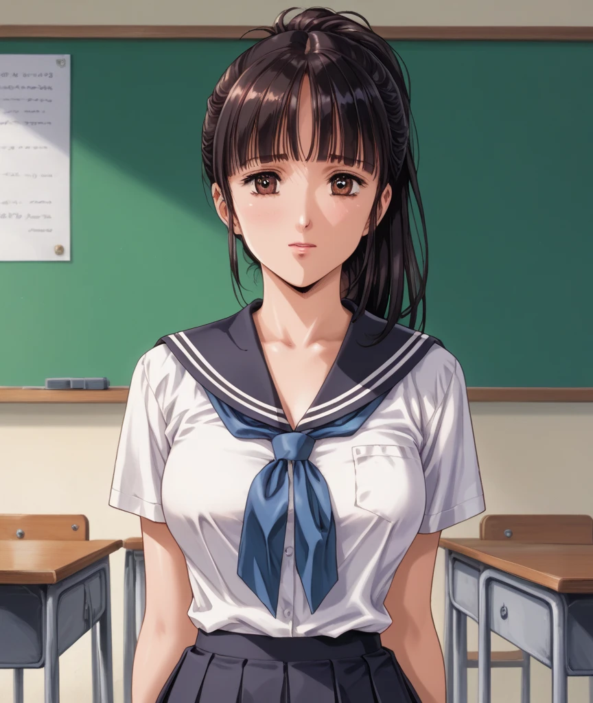 (((highest quality, High resolution, , Pixel Perfect, 4K))),((Correct Anatomy))、((School classroom))、((school uniform))), ((highest quality)), ((Complex and detailed)), ((Black knee-high socks)), ((Mini Pleated Skirt))、An absurd solution, Mature Woman, Mature Woman, perspective, Very detailed,(((school uniformコスプレ)))、Great style、(Long Hair)、glamorous、Sailor suit、mini skirt、black tights、(((The whole body is visible))), One Woman, ((ponytail)), Perfect hands, Detailed fingers, Beautiful details,  Black choker, Earrings, Black Stockings, Perfect Eyes, Seductive eyes