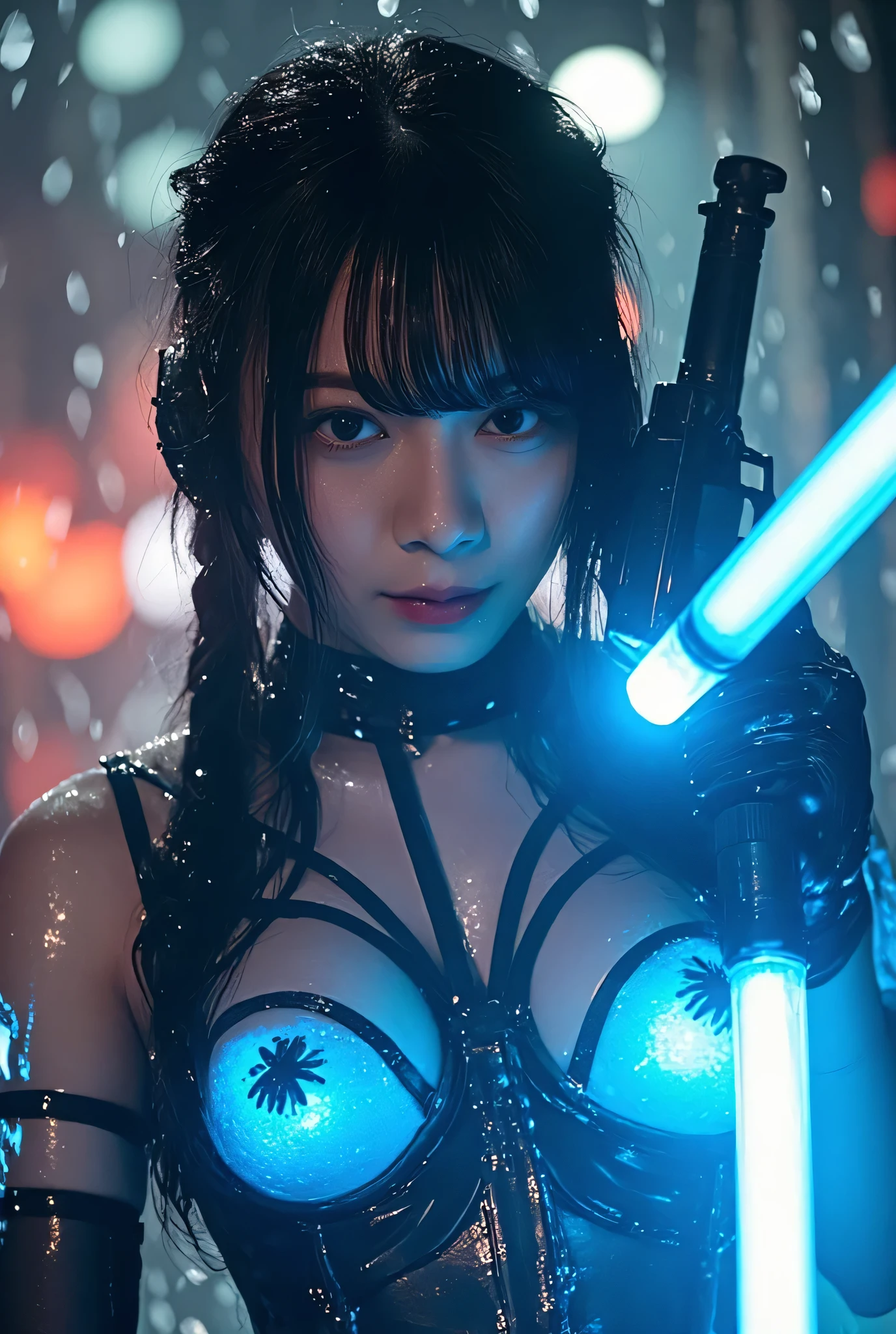 (((In the Midnight Rain:2.0))),(((HR Gigger style cyberpunk vibe:2.0))),(((Hold the laser gun:2.0))),( point the muzzle at the viewer:1.7),((full body:2.0)),one woman,Female Samurai ,(cute faces:1.5),(Beautiful well-balanced face :2.0),((Long braids with bangs:2.0)),(black hair:1.5),(beautiful eyes:1.3),( s:1.3),glamorous shot of a 20-year-old Japanese woman, Slender Beautiful Body ,((model body type:2.0)),((slim body:1.7)),Perfect Body Line,ideal proportions,((small breasts:2.0)),((B cup breasts:1.5)),beautiful breasts,Bare thighs,Sensual Thighs,delicate body,(succulent:1.7),harmonious posture,((Realistic breast depiction :1.7)),((can see lower breasts:2.0)),carefully depicting limbs based on perfect anatomy,fingers based on perfect anatomy inside the dark Nostromo,(((near-future samurai style armor with blue shining translucent glass corset:2.0))),Filled with multicolored LEDs,(((super high leg panties made of clear glass that fit the body:2.0))),(((translucent nipples shining with blue LEDs:2.0))),(((Coarse mesh fishnet stockings:2.0))),(Hide your nipples with a nipple:1.5),((Coat style kimono with iron decoration:2.0)),(ear monitor:1.5),((Tactical Holster:1.5)),(gloves:1.3),concept art,(of the best quality:1.5),(masterpiece:1.5),(超高resolution),resolution,UHD,(Delicate Description), carefully drawn with butterfly wings ,32k,((Realistic Skin Texture:1.5)),(((ultra-realistic:1.5))),carefully draw eyelashes,Highly Detailed Face,Highly detailed female hand, Sexy appearance ,very sensual,(Blurry Dim Backgrounds :1.5),professional photo shoot,(Movie Lighting:2.0),((Blade Runner style light:2.0))