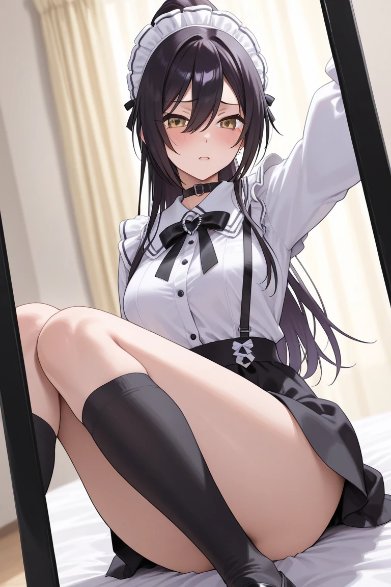 Brown hair, long hair, purple eyes,middle part, wide forehead, white shirt, long sleeves, black miniskirt, black knee socks, middle school student, flat chest , short, narrow eyes, hanging eyes, forehead, straight hair,her bra is visible,