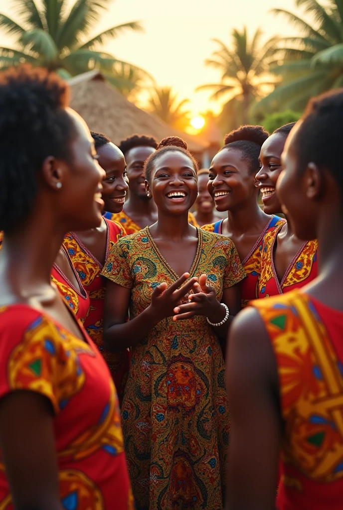 A group of African women talking to each other smiling in a street with trees on both sides, Vue transversale, detailed faces, Des visages parfaits, Variantes de couleurs de peaux, hair and eyes, well made up, maquillage Tribal soft