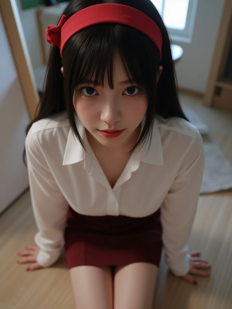 A super cute, tsundere, busty girl、The highest standard of ultra-high definition full-body photos、(Small face)、No makeup、Sexy lips、Chignon hairstyle、Otaku's favorite heroine shirt、Retro Pleated Skirt、White and blue stripes々Cloth Panties、(Bust size 33D、Waist size 22 inches)、A riverside park under a bridge over a mysterious river