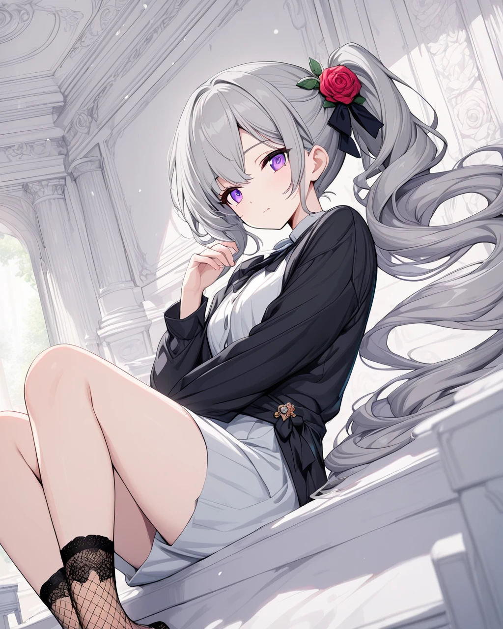 score_9,score_8_up,score_7_up,score_6_up,score_5_up,1girl, shijou_takane, source_anime, sit on the stairs, put one's legs together,,white ((pantyhose)),high heels BREAK A mystical forest is adorned with ancient, towering trees, their gnarled branches creating a mesmerizing canopy that filters sunlight into a dappled, enchanting world , from below, depth of field,looking at viewer,