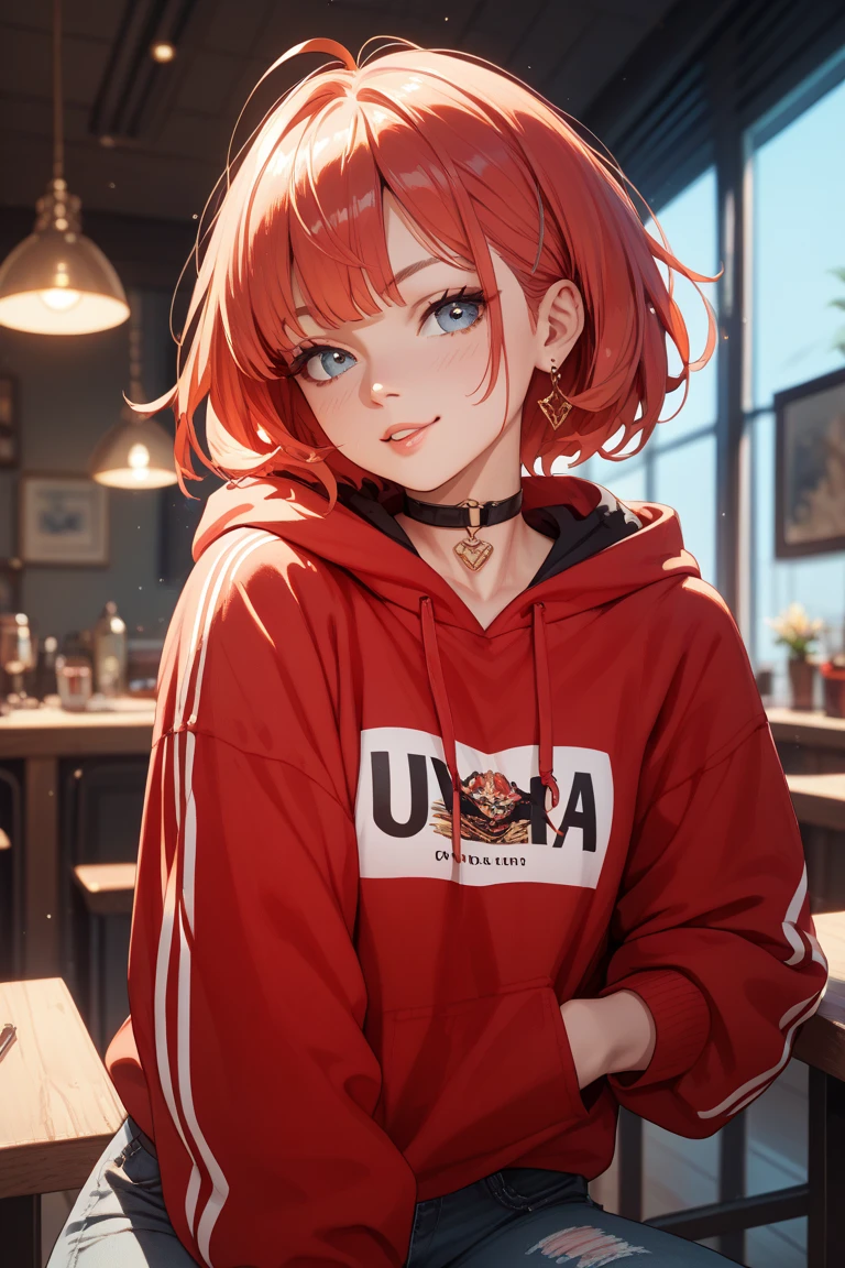 A character with bob hair, red hair and cat ears Red Tail B Cup Blue-green eyes A light brown hoodie with a donut pattern Thighs Tree Eyes