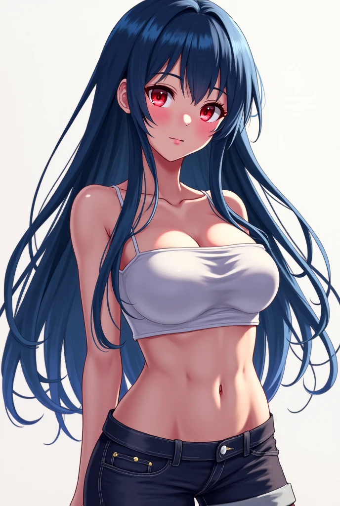 (8K, Highest quality, Highest quality, masterpiece), standing, 1girl, solo girl, only 1 girl)), fullbody, solo, cowboy shot, aasuzune, long hair, black hair, hair loose in the wind, leafs in the air, (dusk), micro-bikini top, white bikini, black thighhighs, ((smile)), (Shorts, denim shorts), outdoors, large breasts, cleavage, underboob