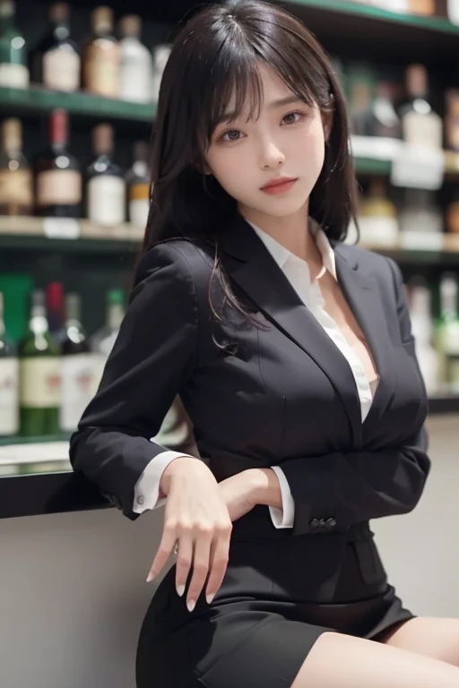 (((masterpiece、high resolution、high quality、Ultra-high resolution、Delicate、16K、)))1 female、Age 25、Brown Hair、Long Hair、Clear Eyes、Dense lips、Black blazer、White shirt、Cleavage、((bar、Whiskey and cocktails lined up on the shelves、Dimly lit interior))🍸
