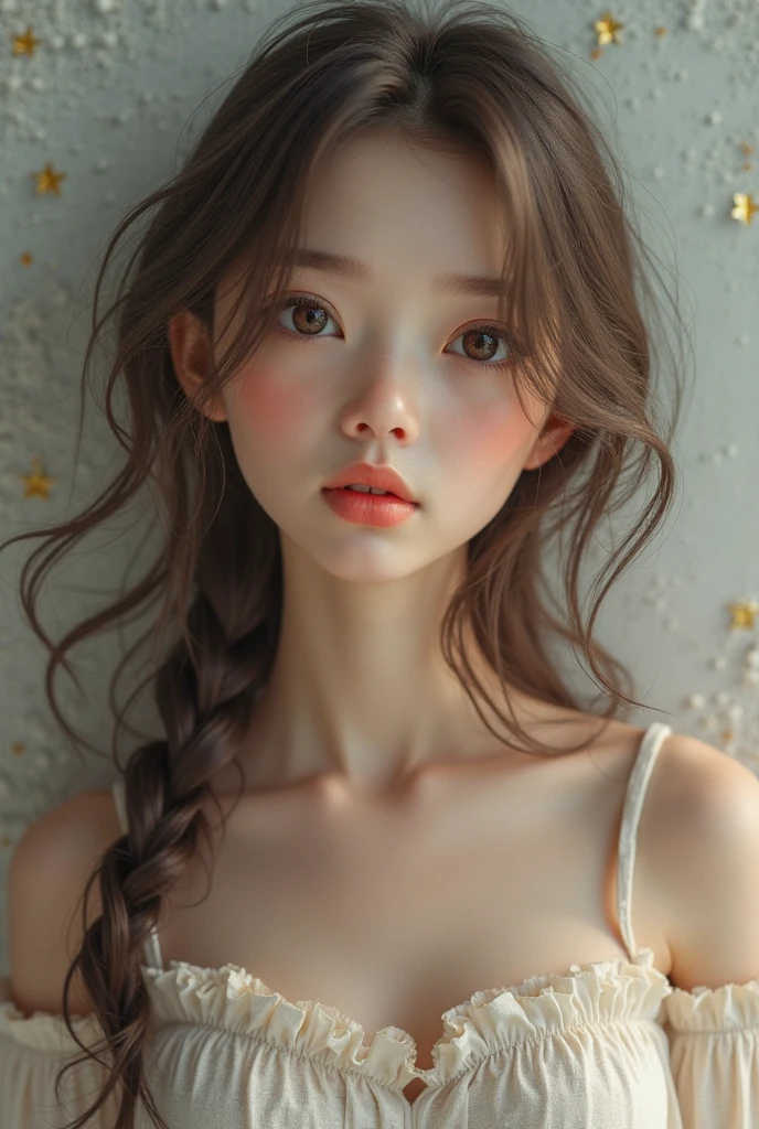 (highest quality,Super detailed,Physically Based Rendering:1.2), Realistic,Portraiture,Beautiful young woman with Braided hair and captivating eyes,Delicate facial features,Soft lighting, Vibrant colors, ((Playfully licking fingers with tongue, Gently placing a finger in the mouth)),Subtle expressions of joy and anticipation,Romantic atmosphere, (Close-up shot of sensual lips),Cheeks turn slightly red,Sensual and sophisticated,A gentle and captivating gaze. centered, Studio gray background . Clear Whitening Skin with glowing DowneyHair .