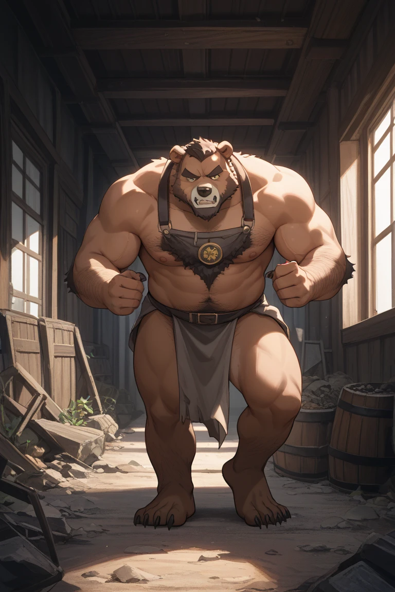 burly virile hairy human, with two wolf ears and a bushy tail, in a suit of armor, middle-aged, hirsute, overmuscular and musclebound, bulging veiny muscles, a warrior's build, a bodybuilder's physique, long bushy and a thick mustache, a square jaw, handsome and dreamy, grey hair, a gladiator in the arena