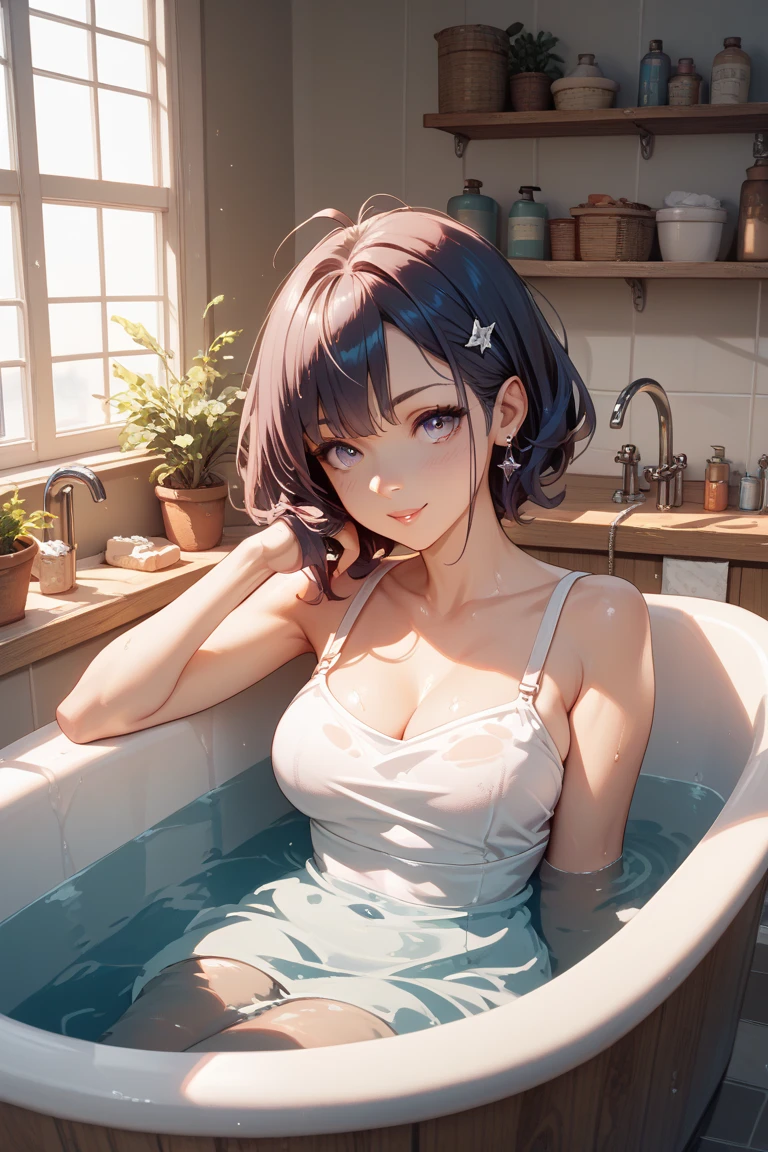 just out of the bath、bottle、、drink、smile、Black Hair、Bobcut、One towel