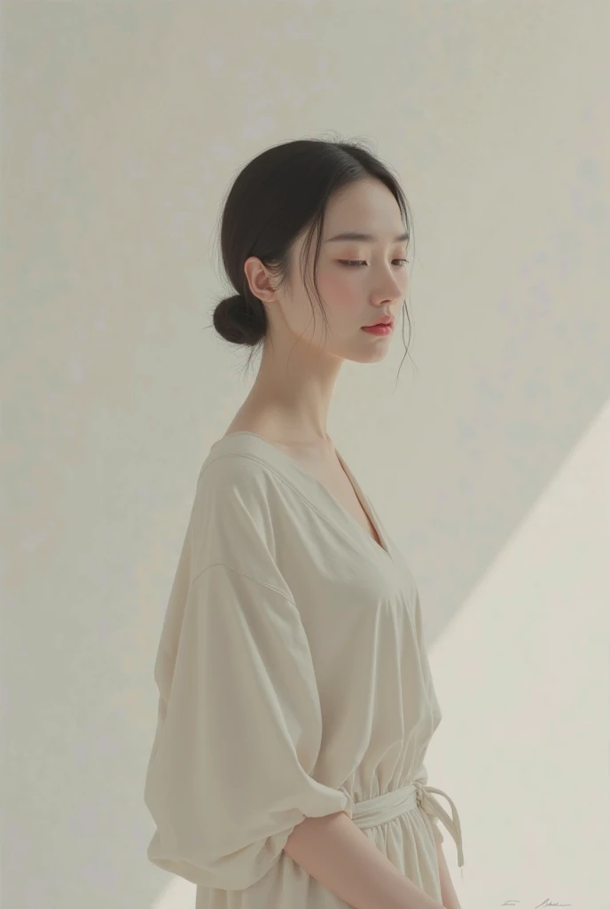 (best quality), (masterpiece), an 8K, 32K image of a beautiful Japanese woman with medium, shoulder-length hair. The image should focus on her upper body and have a surface focus. She should be wearing a long sleeve shirt and a necklace, with a white simple background. The photo should be taken from above, using a mix of 4 different shots. The image should be in 8K, with raw photo quality and should be a masterpiece. It should be realistic and photorealistic, with a weight of 1.37 for photorealism. There should be one girl in the image, shot in natural light with photon mapping and physically based rendering. The overall style should be girly, with excellent image quality and high resolution of 1080P. The girl's face should be clean and the hands should be described in detail, including the masseter muscle part. The CG details should be rich and the image should have extreme light and shadow. The girl's hair should look dirty and the image should be a masterpiece with rich details and exquisite features. The eye should also be detailed and the clavicle should be delicate. The girl should be in versatile poses and should not be looking at the camera. The image should be taken in profile, against a white wall or in front of a white door, in a room with a window. The girl should be wearing spring clothes.