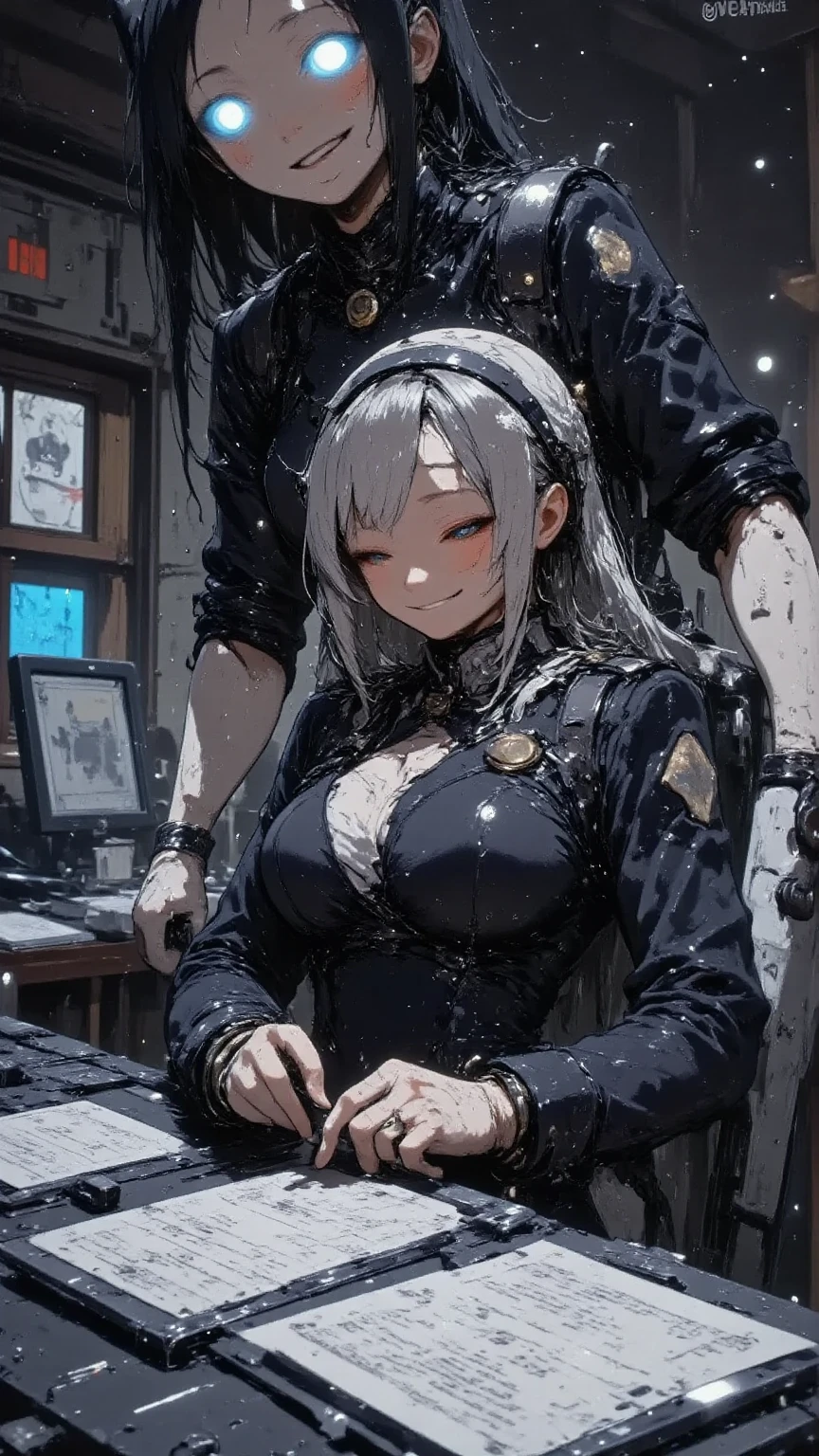 middle age man with white beard in his 30s a open military coat with cybernetic hands and legs. another woman 16 years old wearing white tights with nipple protrusion:1.3