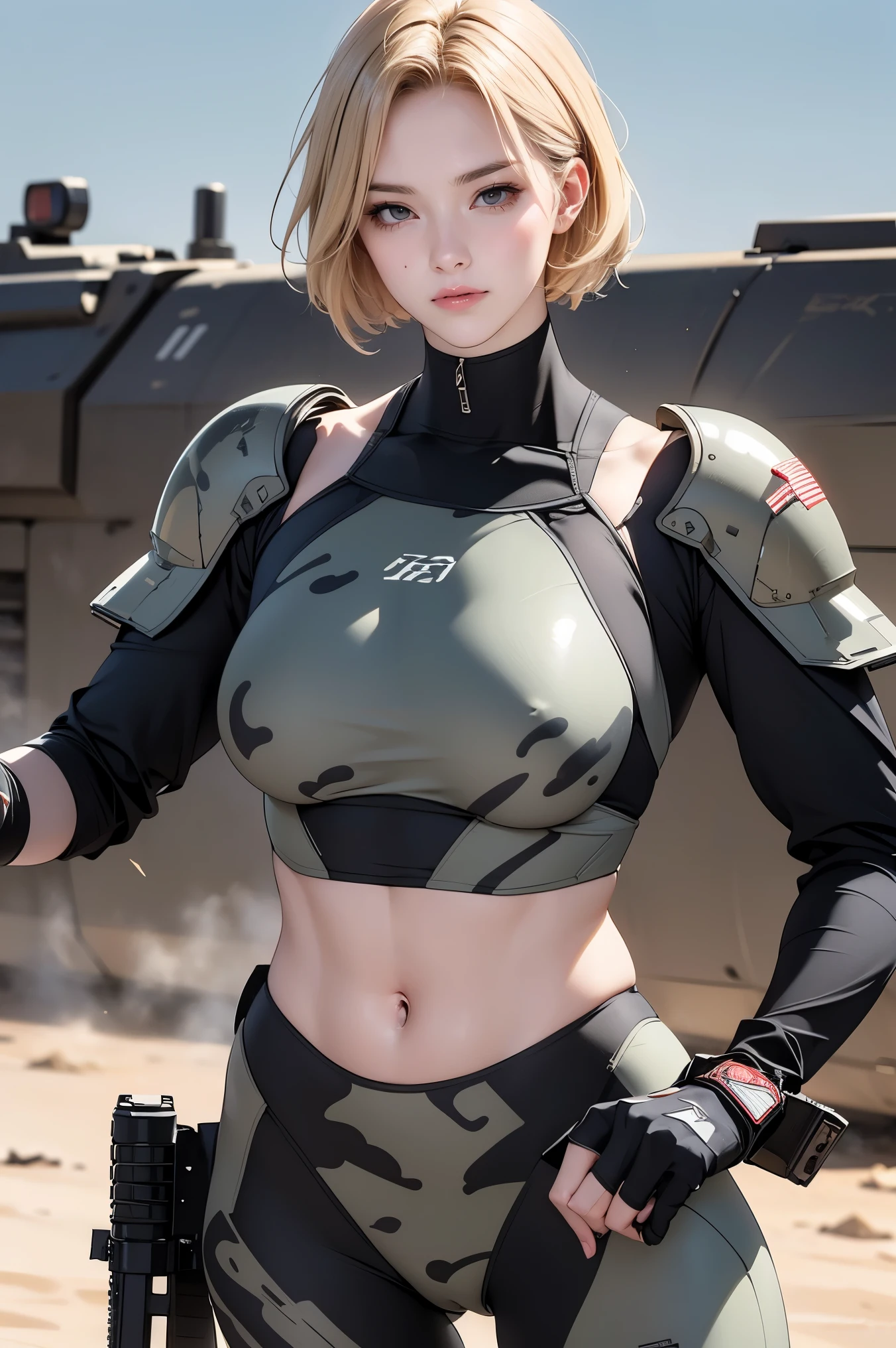 Browsing Caution, Anime screenshots, 16K, A body with perfect anatomical proportions, Perfect hands, action, Dynamic composition with a sense of speed and movement, (Hold an assault rifle:1.6), cute young girl, Perfectly beautiful, delicate and sexy face, Perfect and beautiful delicate eyes, Blonde Hair, Short Bob Hair, huge , Abdominal muscles, Camouflage colored heavy armor steam engine full armor power suit, Many heavily armored robot soldiers engaged in a gunfight in the background., flying bullets, Desert battlefield, war, explosive flame, Post-apocalyptic,