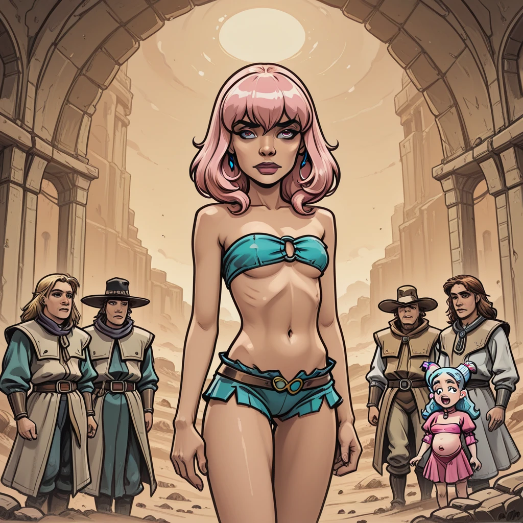 (1girl), solo, Lorna, blond hair, big hair, long hair, pink leotard, strapless, boots, large breasts, wide hips, watercolor, line art, blurry background, outdoors, spacecraft, rubble, debris, (nsfw), floating hair, wind, dynamic pose, fighting stance, holding gun, rifle, (dynamic colors), (random colors), magic particles, dust particles, looking at viewer, <lora:AzpiriV10:0.9>  <lora:Lorna_V02:0.8>