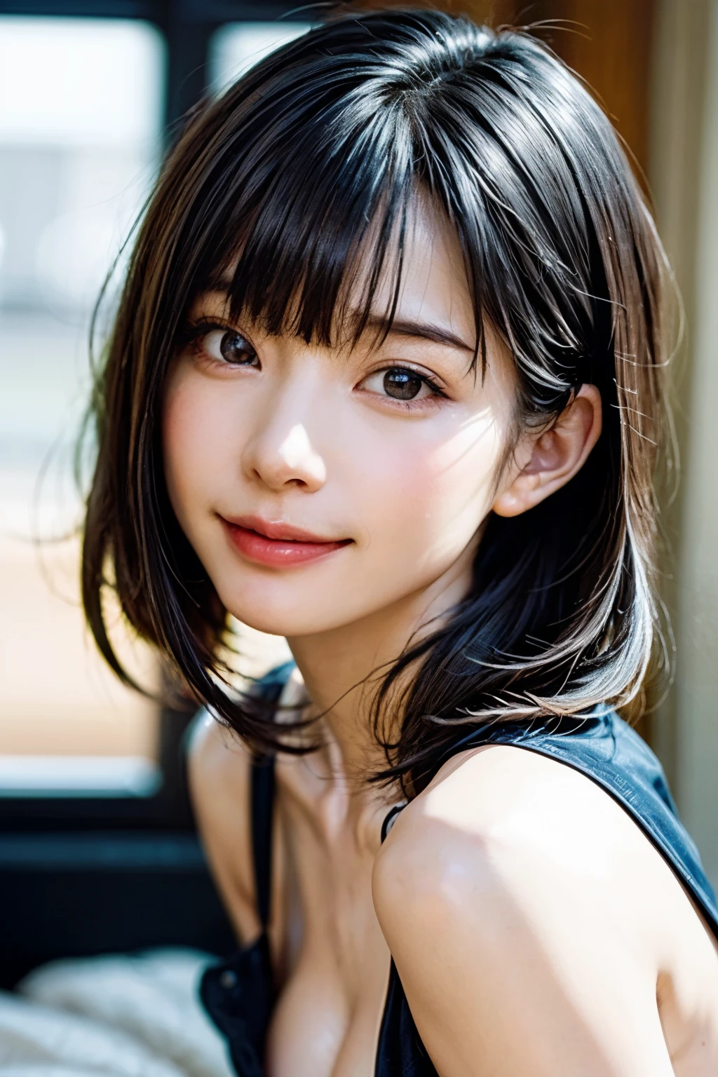 Masterpiece, 1 Beautiful Girl, Detailed, Swollen Eyes, Top Quality, Ultra High Resolution, (Reality: 1.4), Original Photo, 1Girl, Cinematic Lighting, Smiling, Japanese, Asian Beauty, Korean, Clean, Super Beautiful, Little Young Face, Beautiful Skin, Slender, Cyberpunk Background, (ultra realistic), (high resolution), (8K), (very detailed), (best illustration), (beautifully detailed eyes), (super detailed), (wallpaper), (detailed face), viewer looking, fine detail, detailed face, pureerosfaceace_v1, smiling, 46 point slanted bangs, looking straight ahead, neat clothes, dark colored eyes, clothes sleeveless, body facing front,