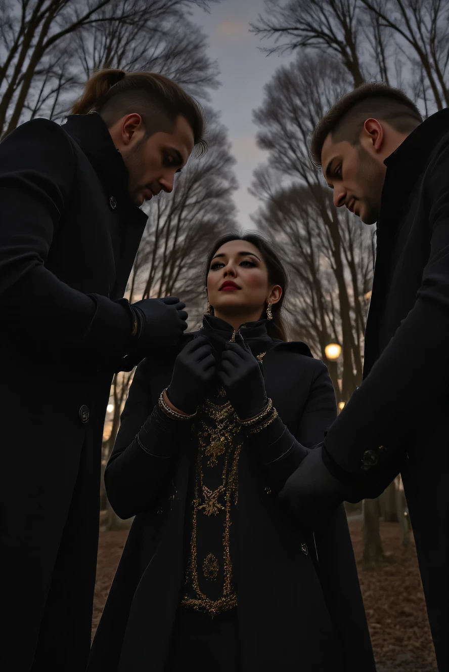 photo of a sex between two men and a sweaty forty year old woman of Bettie Page receiving a cum show on her face from a man in a leather uniform while being sodomized from behind by another man, violen doggy style fucking sitiations,she is wearing black glasses and has her eyes closed she is on her knees and gets her face filled with cum, she holds his cock tightly in her black leather gloves and her hands kiss the tip of his cock, long black hair is tied in a wild ponytail, the place is a secret night meeting in a German forest, she feels intense pleasure from the anal penetration of the other man, she is having a huge deep orgasm she desperately grabs his cock with her beautiful pair of black leather gloves and bites his balls with passion, she wants to taste the cum directly by licking her beautiful pair of black leather gloves, the first man penetrates her from behind while the second man makes her cum on her face and in the air, he grabs the woman's hair tightly and she arches her head back in pain, the woman is a cosplayer dressed in a costume medieval; her shoulders are covered with a huge ancient black cloak and scarf and a beautiful pair of elbow-length black leather gloves!!, she is wearing long black leather boots with high heels up to the knee, , an incredible single on her face, sperm stains on her gloves and dress the photo is from above a little sideways, winning masterpiece for the fashion magazine Vogue, award-winning masterpiece, full-length photo, ultra-precise 8K HDR