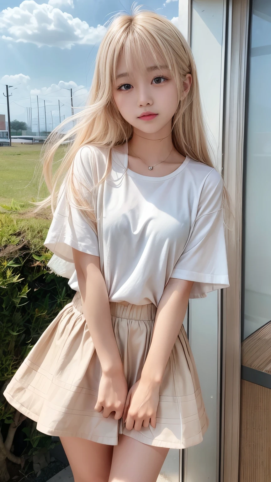 Sunburn marks on tanned skin、blush、Blonde bun hair,A cute 17-year-old girl with a cute look, A strong wind blows my hair in front of my face、Beautiful big sparkling eyes, Cute eyes hidden by long bangs、Yawn、No visible nasolabial folds、A short, light-colored miniskirt、A summer shirt with cute colorful patterns、Korean Beauty、Cheeks