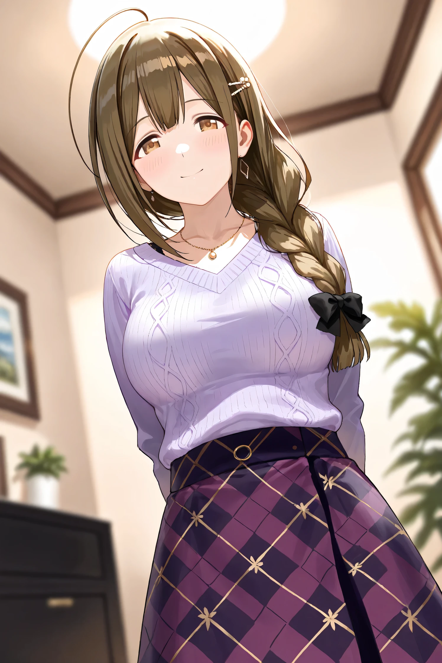 (Masterpiece), (Highest quality), (Very detailed),
(The best shape), (Best Shadow), (Absurd),
(Detailed background), (So beautiful), Shiny ,
Extraordinary, Countershading, 8k, 32K, High resolution, Beautiful eyes in every detail,
Very Detailed CG, UHD,
Score_9, Score_8_up, Score_7_up, Source_anime,
(Pastel painting:1.2), (Watercolor painting:1.2),
(Masterpiece, Detailed:1.2), (Foreshortening:1.2),
Cinematic, Dramatic, (Depth of field:1.4),
(Blurry background:1.4), (Realistic background:1.4),
(Foreshortening:1.3),Dynamic angle, 1 girl,
Indoor, Living room, Houseplants, from below,
Kuwayama chiyuki,
The idolmaster shiny colors,
kuwayama chiyuki,
(Breasts:0.7), Brown hair, Large breasts, Ahoge, Long hair, Brown eyes, Braid, Collarbone,
(Casual wear:1.3),
Sweater, V-neck sweater, light purple sweater,
(Black underwear:1.3),
Medium skirt, Purple skirt, (Argyle check pattern skirt:1.2),
Necklace, Hairpin,
Portrait, Upper body, Focus on face,
(Blush:1.3), Happy, smile,
Realistic skin, Shiny skin,
Standing, Arms behind back,