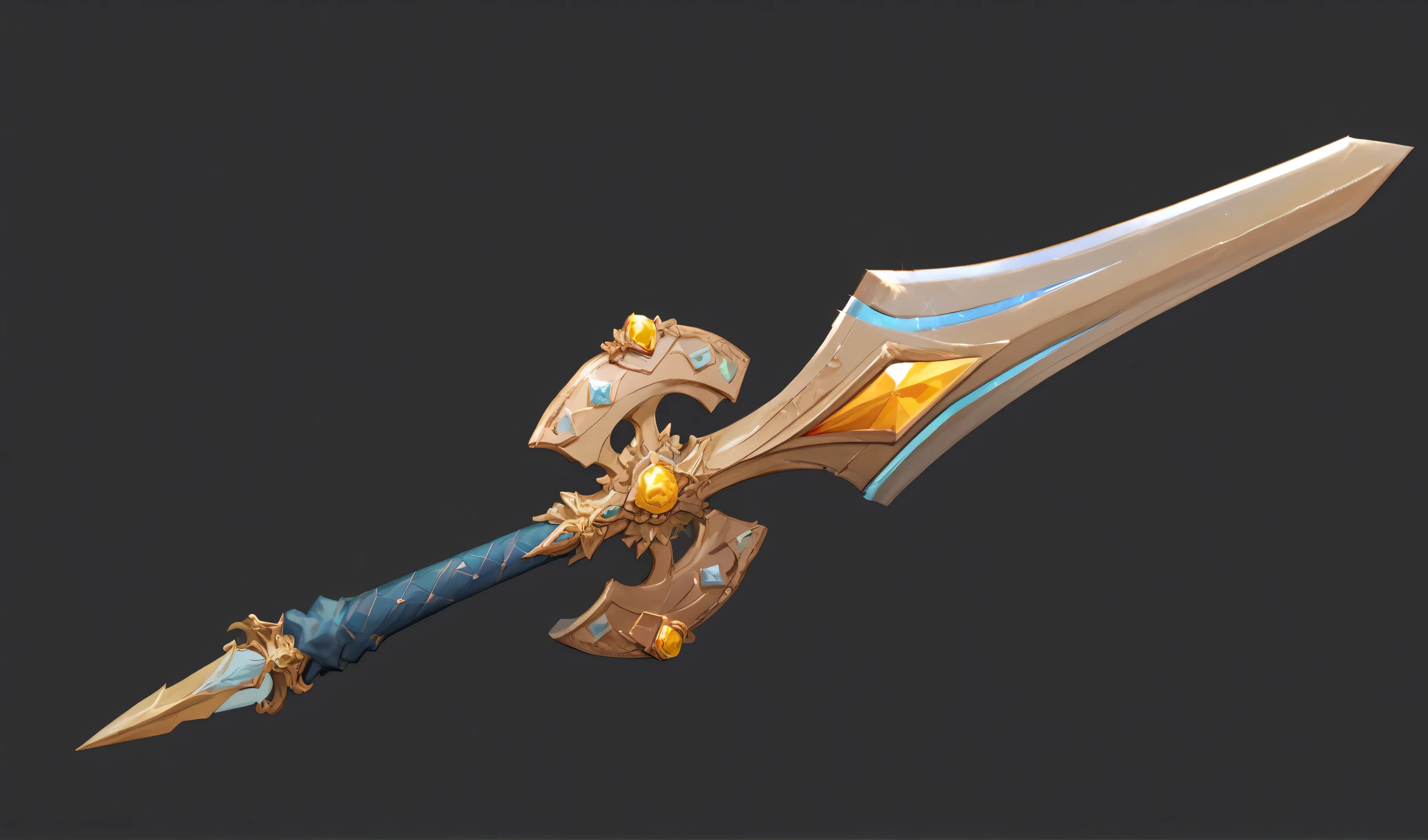 weapons,Golden Sword,inlaid with crystal gemstones,The sword has blue magic light,Realistic metal texture,Real metal texture,hand drawn style,anime style,Thick coating style