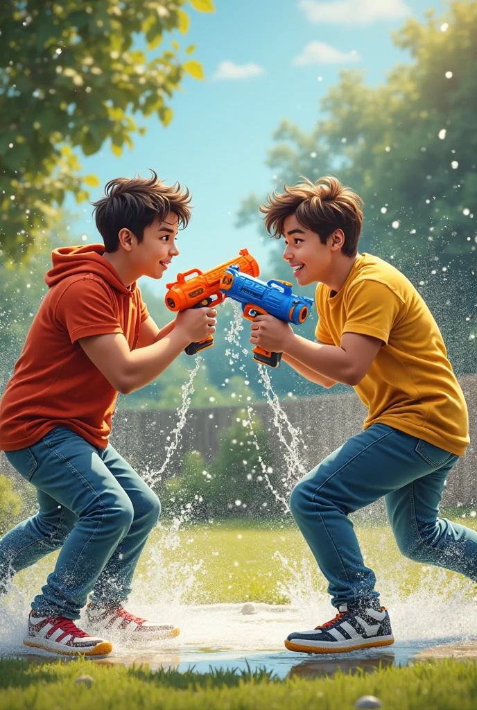 Photo of a boy and his little brother in the yard. The boy had black hair in a caesarean cut and was wearing a blue t-shirt. his sister had a black buzz cut and wore a gray t-shirt. They played with water guns in the front yard of the house. The background is a house yard with shady trees. The lighting is bright. whole body