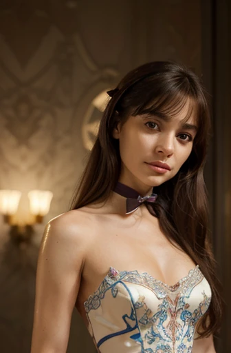 A 12 yo girl dressed as a princess looking sad. Cleavage. Shot from above. Looking at the camera