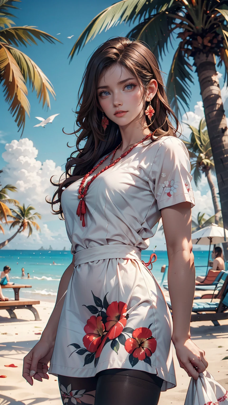 alone, whole body,Earrings, eyelash, pantyhose,, (Beach,(Palm tree),crowd,(White shirt), Floral print,Red lips),Sexy and provocative smile,, (Shiny skin:1.05),(blush:0.9),(Skin dents:1.15),Realistic, masterpiece, highest quality, High resolution,Absurd, (Perfect Face:1.1), (Sharp focus:1.1),, Trending on Artstation, Trending on CGSociety, Complex, Attention to detail, Sharp focus, dramatic,