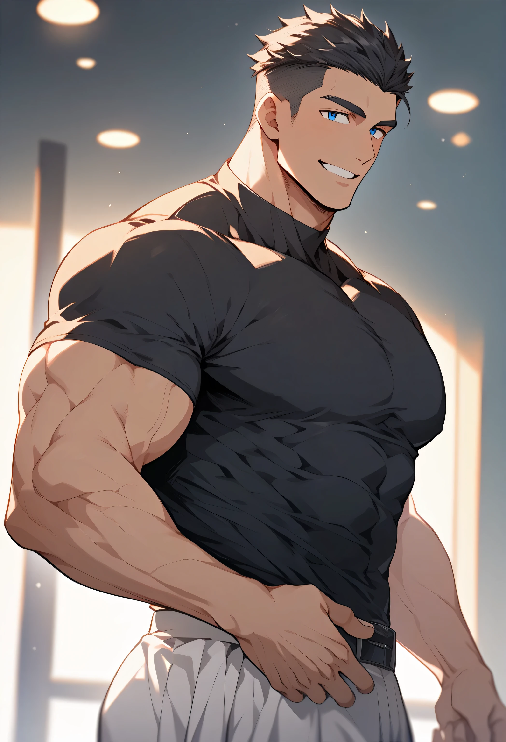 score_9, score_8_up, score_7_up, score_6_up, 1boy, solo, straight hair, short hair, dark brown short hair. A short haircut with shaved sides, including the temples and nape of the neck. Blue eyes, bodybuilder body, huge muscular, gigachad, black shirt, long sleeves, white pants, indoors, standing, looking at viewer, smile.