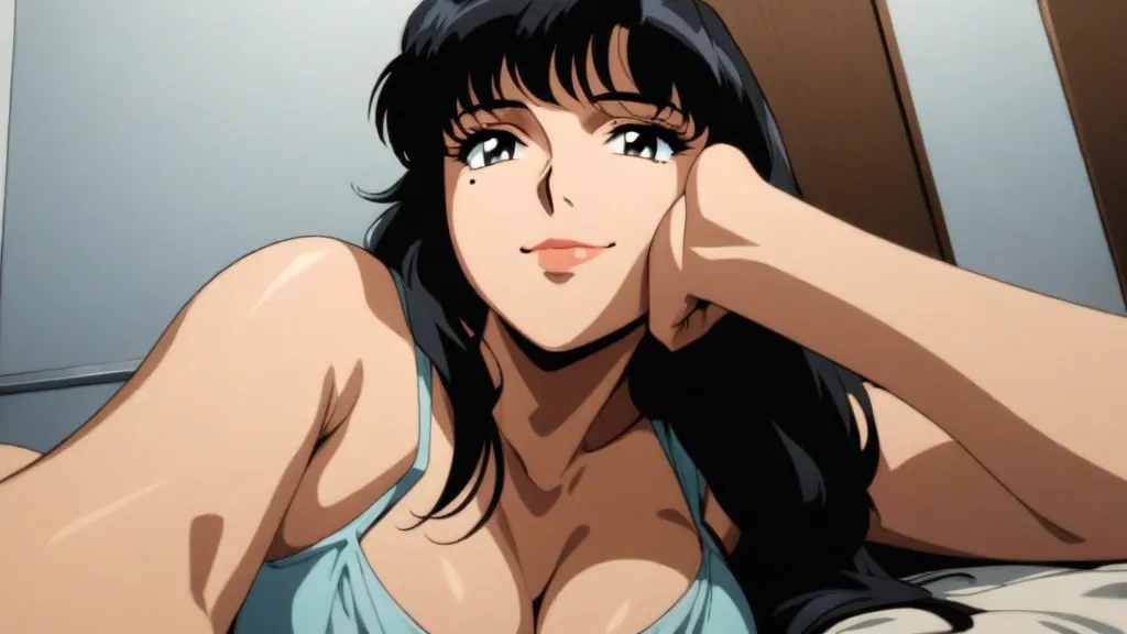 Busty busty mature Japanese mother , Mouth corner wrinkles, Black long hair, black eyes, With black summer dress, Lying on a white double bed, Sexy pose, 1990