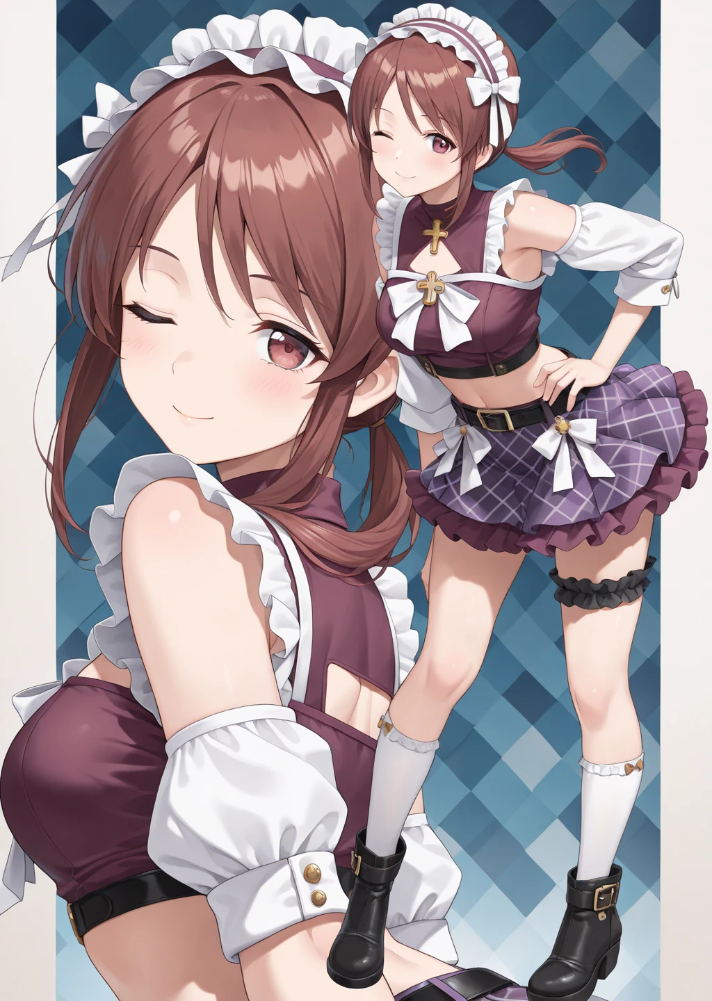 ogata rina，((masterpiece)), (((best quality))), ((ultra-detailed)), ((illustration)), ((disheveled hair)), ((frills)), (1 girl), (solo),  bangs， bare shoulders， black legwear， bow， breasts ， brown eyes ， brown hair ， closed mouth ， clothing ， covered collarbone， dress， elbow gloves， eyebrows visible through hair， female ， female only， fingerless gloves ， fingernails， gloves ， hair bow ， hair ornament ， holding， holding microphone ， holding object， legwear， lips ， long hair ， looking at viewer ， medium breasts ， microphone ， petals ， pleated skirt， shiny ， shiny hair ， short dress ， short sleeves ， skirt ， smile ， thighhighs ， thighs， zettai ryouiki ，