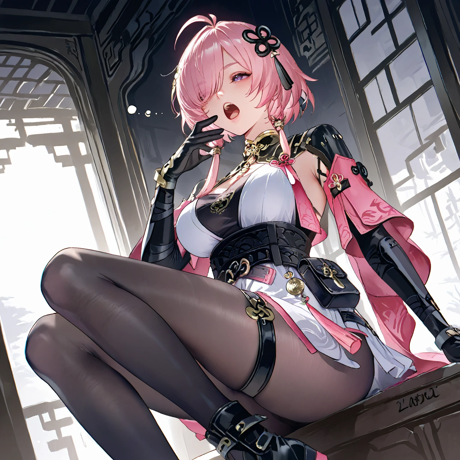 Prompt:-High spec beautiful girl, light pink hair color, short hair, female emperor, pink eyes, Final Fantasy style, full body, high pixel count, high image processing, high image quality, high resolution