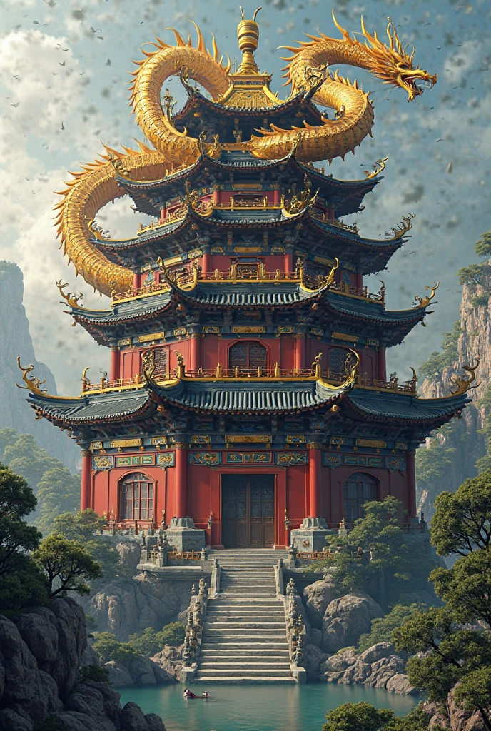 Ultra-high resolution、4K Ultra HD、A white dragon with golden scales、The Golden Temple、Japanese style、Gold background、Increase your luck with money、Dragon like a snake