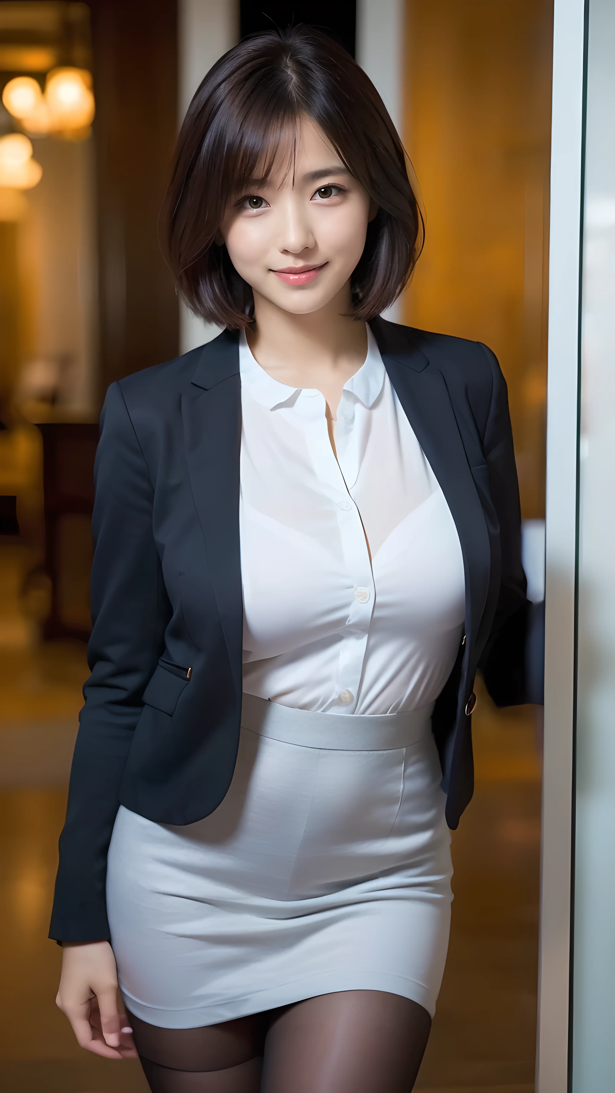 Beautiful girl standing in the hotel lobby, (surreal,high definition, very well detailed:1.2), (8k), (beautiful eyes, Detailed Faces:1.2), (of the best quality), (very well detailed), (( masterpiece)),of the best quality,very well detailed, beautiful woman in a business suit , light gray jacket, Tight pencil skirt、(Ultra Realistic Panty Stockings), full body shot 、 black medium bob, beautiful eyes, cute face,  Bust, Big Boss, ELEGANT AND BEAUTIFUL FEATURES , CHARMING SMILE , age 25, mature, Realistic Painting Art ,  female 1 person, full body image, (From head to toe:1.5）, (Full Body:1.8),(頭から Bustへの画像スコープ),