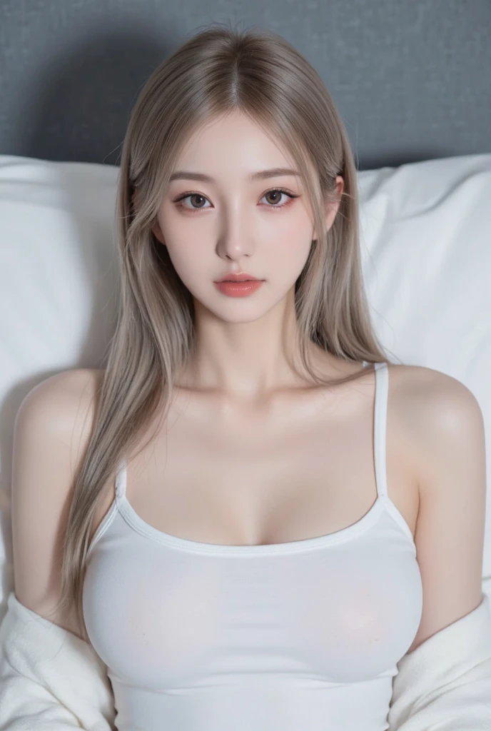 (realistic、masterpiece、Best Quality、8K、highres、high resolution:1.3)、1 girl、Huge breasts、white bikini、pale white skin、looking at viewers、super fine face and eyes、long blonde hair、indoor、 upper body、