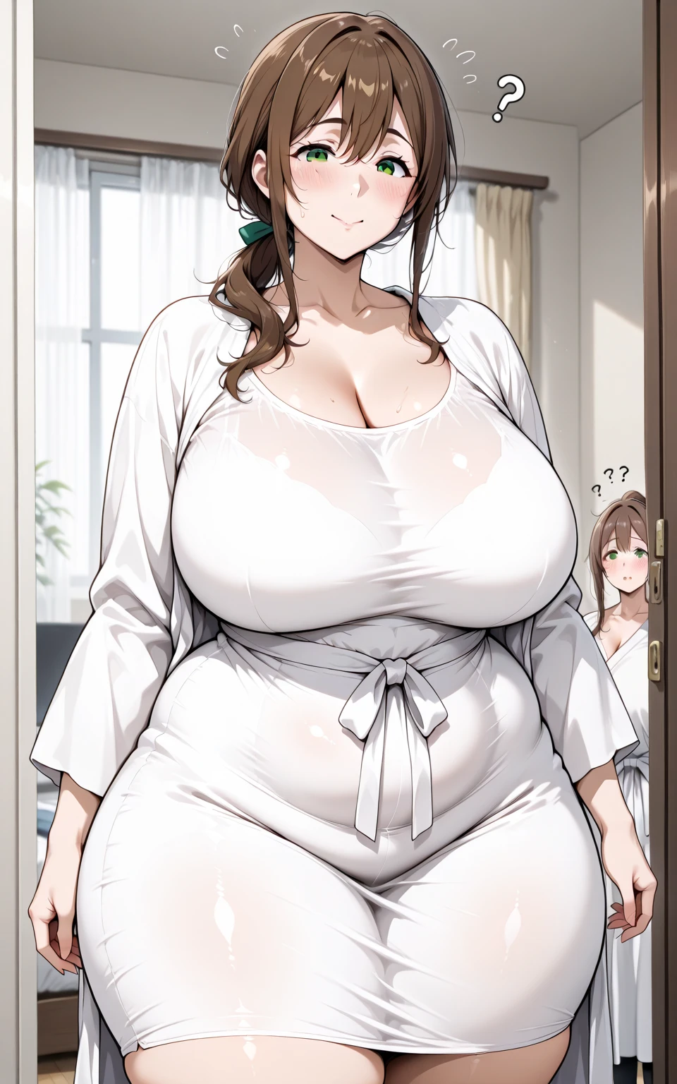 miyako Saitou, very fat, safe for work, fat, large belly, standing, grabbing belly, very fat, large stomach, chubby (best quality, masterpiece), holding cream