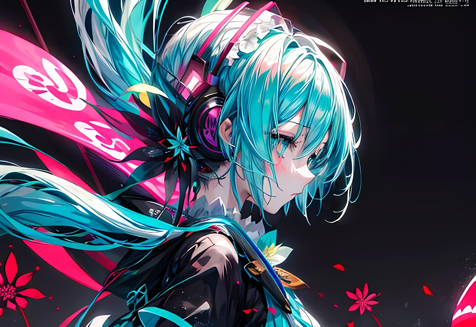 anime girl with flowers in her hair and a gray background, zerochan art, digital art on pixiv, zerochan, anime art wallpaper 4k, anime art wallpaper 4k, pixiv, trending on artstation pixiv, 2d art cover, hatsune miku, cyan colored hair, hatsune miku headphone with flower accent, heads looking right side, eyes on camera