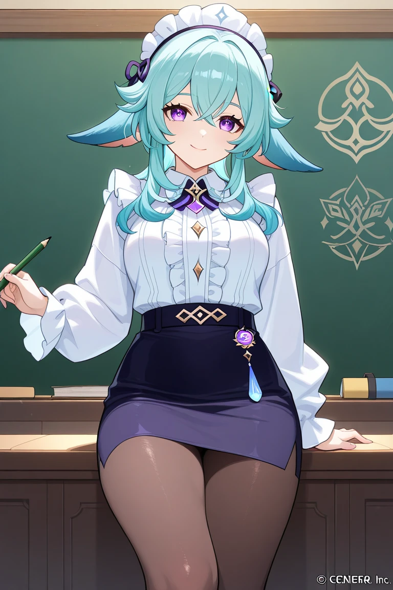 ((Mujer Elfo)), ((Ropa de Secretaria con Escote)), Falda corta apretada, Lentes, Sentada en una silla de Oficina, cruzada de piernas, ((Oficina)), Ojos Verdes, (((Pelo Verde))), Tacones Altos Negros, Medias con encaje, ((Grandes Pechos)), ((Gran Trasero)), Obra Maestra