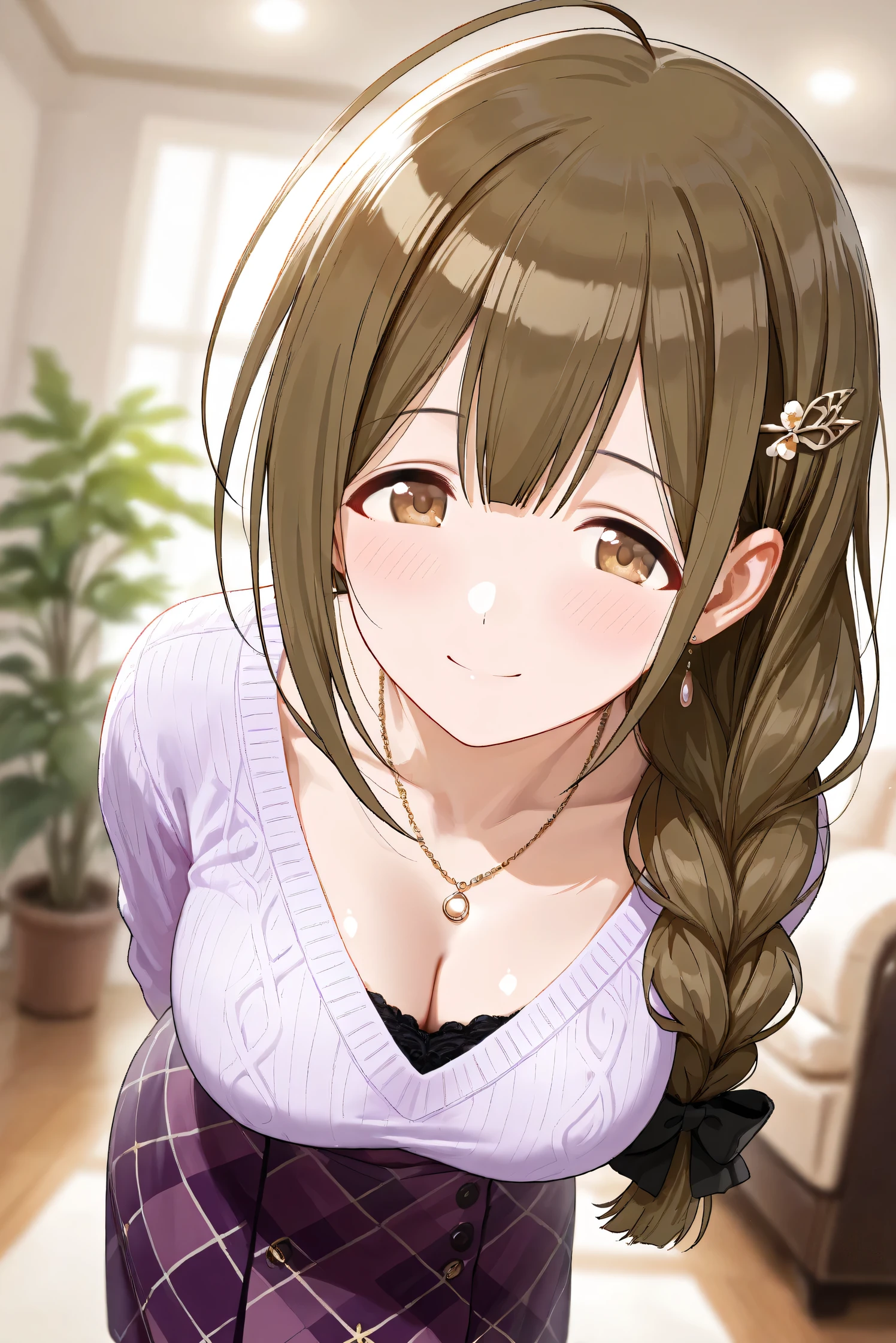 (Masterpiece), (Highest quality), (Very detailed),
(The best shape), (Best Shadow), (Absurd),
(Detailed background), (So beautiful), Shiny ,
Extraordinary, Countershading, 8k, 32K, High resolution, Beautiful eyes in every detail,
Very Detailed CG, UHD,
Score_9, Score_8_up, Score_7_up, Source_anime,
(Pastel painting:1.2), (Watercolor painting:1.2),
(Masterpiece, Detailed:1.2), (Foreshortening:1.2),
Cinematic, Dramatic, (Depth of field:1.4),
(Blurry background:1.4), (Realistic background:1.4),
(Foreshortening:1.3),Dynamic angle, 1 girl,
Indoor, Living room, Houseplants, from below,
Kuwayama chiyuki,
The idolmaster shiny colors,
kuwayama chiyuki,
(Breasts:0.7), Brown hair, Large breasts, Ahoge, Long hair, Brown eyes, Braid, Collarbone,
(Casual wear:1.3),
Sweater, V-neck sweater, light purple sweater,
(Black underwear:1.3),
Medium skirt, Purple skirt, (Argyle check pattern skirt:1.2),
Necklace, Hairpin,
Portrait, Upper body, Focus on face,
(Blush:1.3), Happy, smile,
Realistic skin, Shiny skin,
Standing, Arms behind back, Leaning forward,