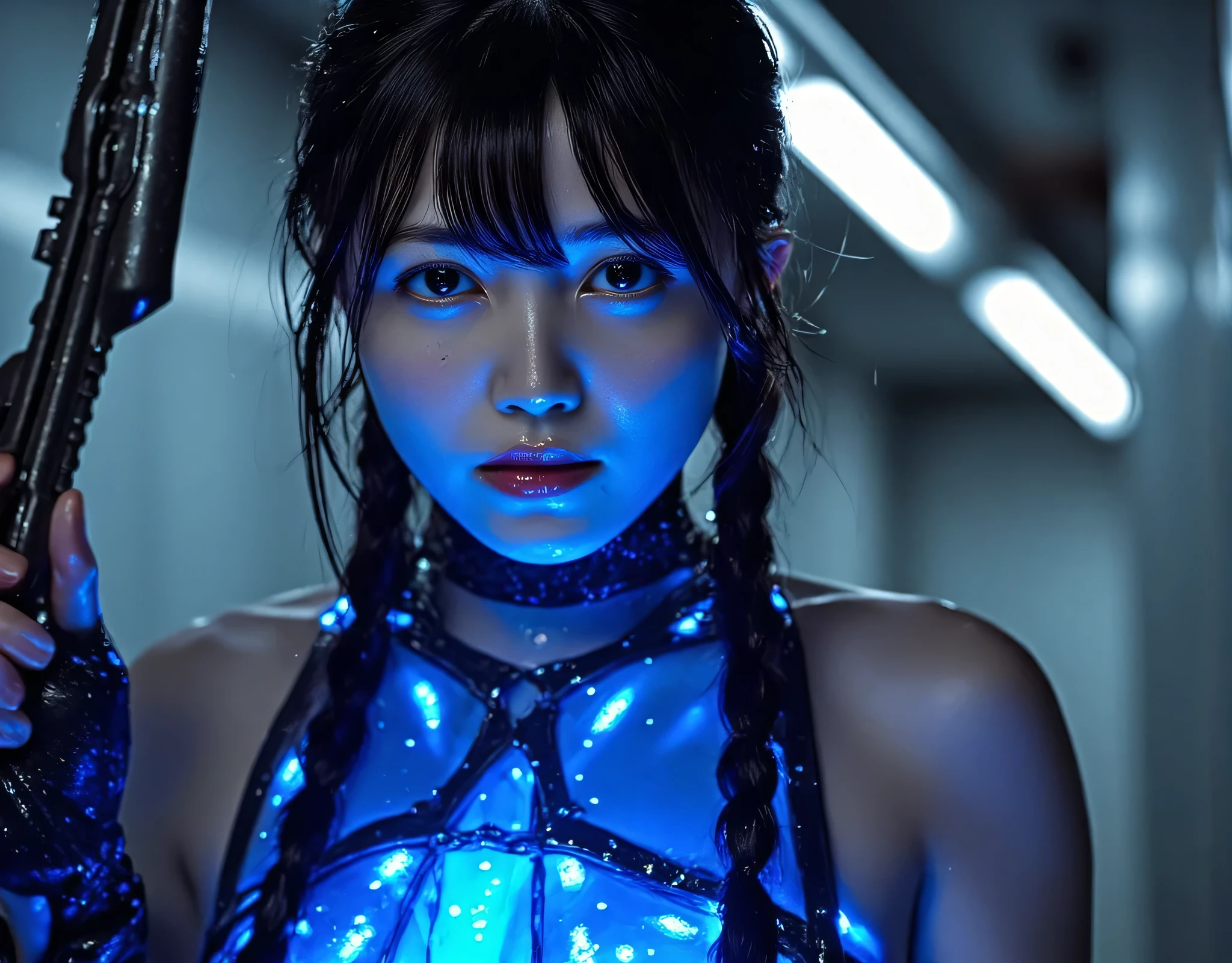 (((In the Midnight Rain:2.0))),(((HR Gigger style cyberpunk vibe:2.0))),(((Hold the laser gun:2.0))),( point the muzzle at the viewer:1.7),((full body:2.0)),one woman,Female Samurai ,(cute faces:1.5),(Beautiful well-balanced face :2.0),((Long braids with bangs:2.0)),(black hair:1.5),(beautiful eyes:1.3),( s:1.3),glamorous shot of a 20-year-old Japanese woman, Slender Beautiful Body ,((model body type:2.0)),((slim body:1.7)),Perfect Body Line,ideal proportions,((small breasts:2.0)),((B cup breasts:1.5)),beautiful breasts,Bare thighs,Sensual Thighs,delicate body,(succulent:1.7),harmonious posture,((Realistic breast depiction :1.7)),((can see lower breasts:2.0)),carefully depicting limbs based on perfect anatomy,fingers based on perfect anatomy inside the dark Nostromo,(((near-future samurai style armor with blue shining translucent glass corset:2.0))),Filled with multicolored LEDs,(((super high leg panties made of clear glass that fit the body:2.0))),(((translucent nipples shining with blue LEDs:2.0))),(((Coarse mesh fishnet stockings:2.0))),(Hide your nipples with a nipple:1.5),((Coat style kimono with iron decoration:2.0)),(ear monitor:1.5),((Tactical Holster:1.5)),(gloves:1.3),concept art,(of the best quality:1.5),(masterpiece:1.5),(超高resolution),resolution,UHD,(Delicate Description), carefully drawn with butterfly wings ,32k,((Realistic Skin Texture:1.5)),(((ultra-realistic:1.5))),carefully draw eyelashes,Highly Detailed Face,Highly detailed female hand, Sexy appearance ,very sensual,(Blurry Dim Backgrounds :1.5),professional photo shoot,(Movie Lighting:2.0),((Blade Runner style light:2.0))