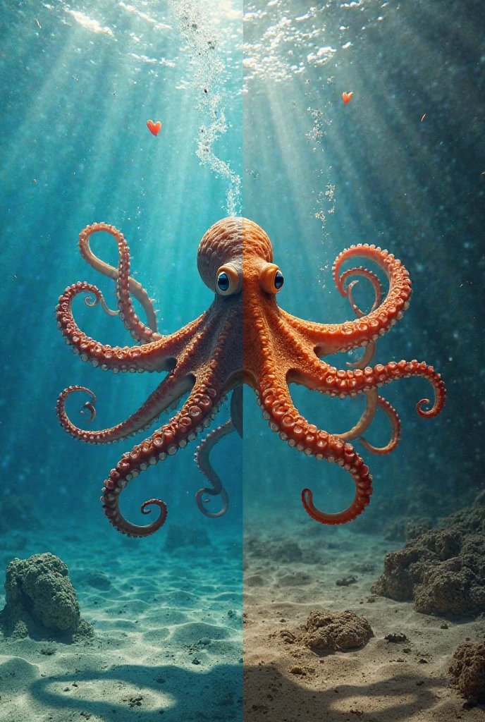 Create a split-scene image: one half shows an octopus swimming with one heart stopped, and the other half shows the octopus crawling with all three hearts active.
