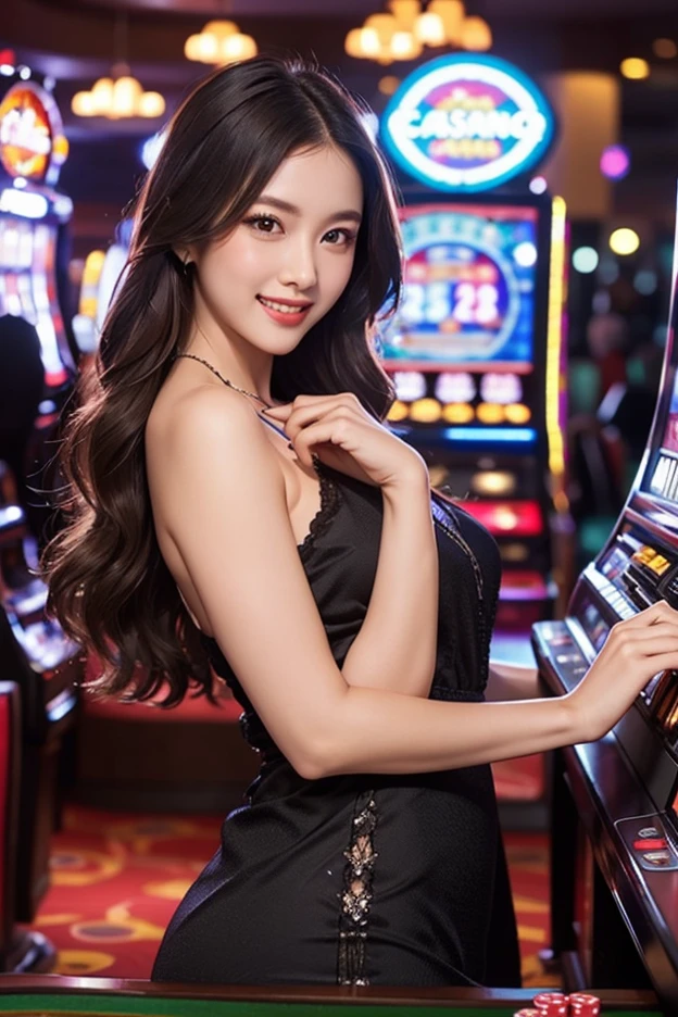 (realistic, high resolution:1.3), 1 girl with a perfect figure, Very detailed face and eyes, long hair, tank top: 1.2 random colors, short jeans, in the coffee shop, Coffee on the table, big breasts, The rift revealed (The background is a modern casino and slot machines, a modern PG company.)