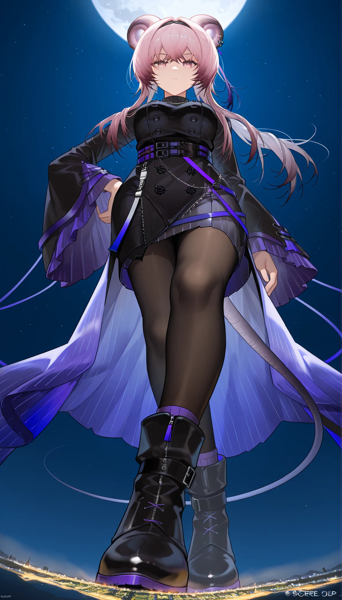 (giantess:1.4), microcity, score_9_up, score_8_up, score_7_up,hand on own ass, 1girl, solo, Lin_Arknights, pinkeyes, arm support, crossed legs, black footwear, ankle boots, pink hair, long hair, ponytail, mouse ears, mouse tail, black pantyhose, black dress, double-breasted dress, turtleneck, necklace, long sleeves, black sleeves, purple sleeves, wide sleeves, pencil skirt, belt, purple straps, dynamic cowboy shot, best qualitymasterpiece, collapsed city, Outdoors, Night Sky, moon, (from below:1.4), masterpiece, best quality, masterpiece, best quality,夜