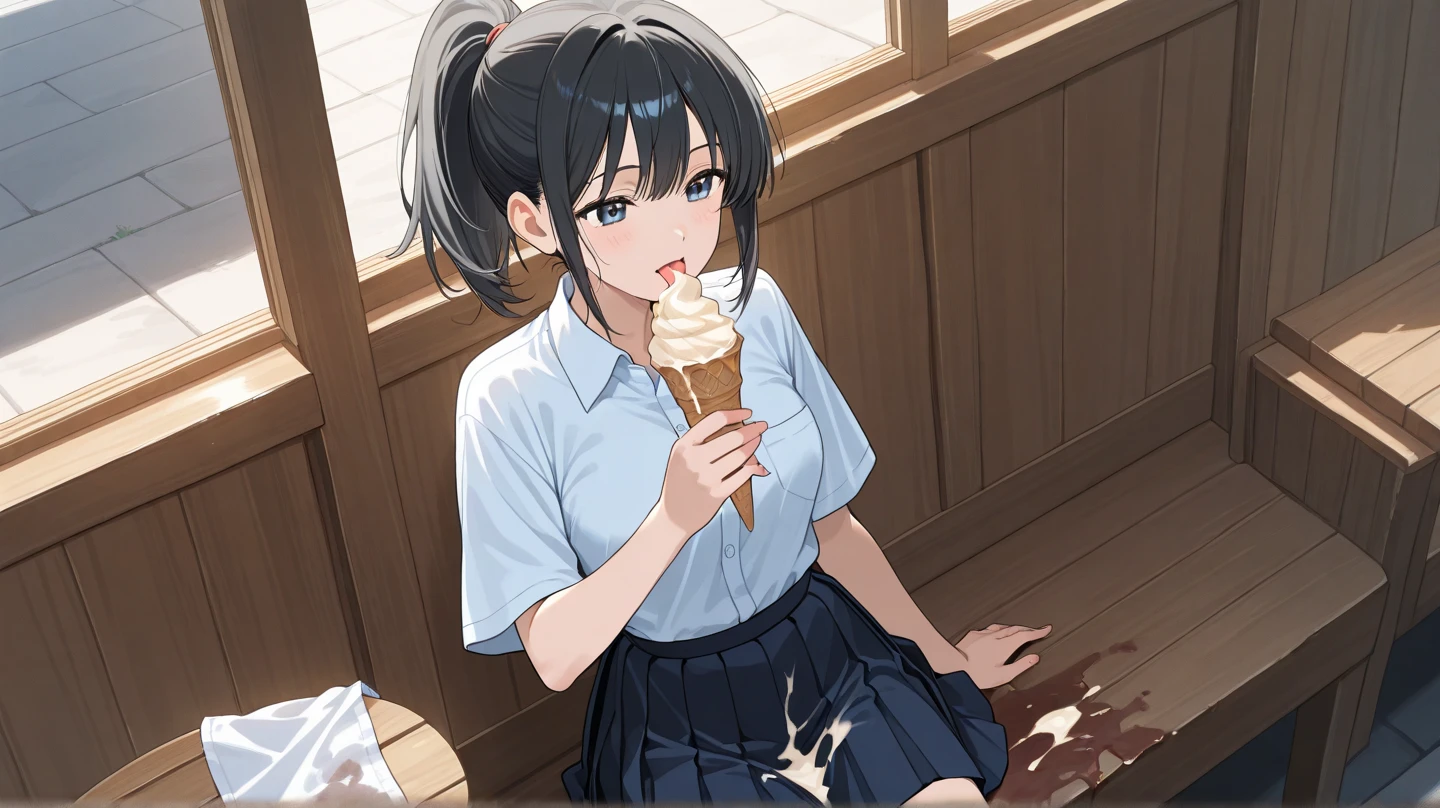 SOLO,Modern Backgrounds,A female with slim body(older girl),((Dark skin)),(Green eyes),huge oppai,shiny skin,(Wearing A loose JK skirt),(Loose school uniform)(See-through),Sitting in Classroom,Arrogant sitting position,(Dark Blue short hair,High split ponytail, hair intakes),(Licking the ice cream),Seductive smile,((Torogao))),slightly tilted forward,UHD, SOLO, anatomically correct, masterpiece, textured skin, high details, highres, 1080P, 16k, accurate, Beautiful face, Beautiful Nose, Perfect face, Highly detailed beautiful face and eyes, Attractive face, Detailed face, Delicate facial features, Detailed skin,Cowboy shot