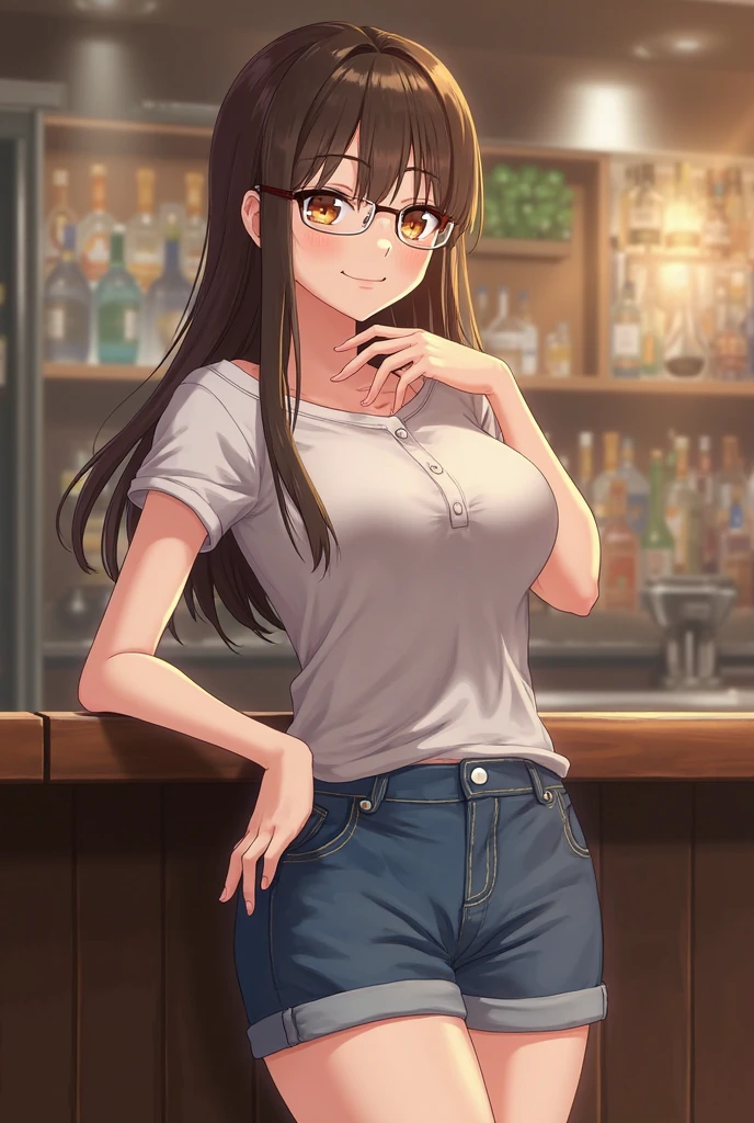Brazilian, 20 years old, brunette, straight hair, happy, IN A Brazilian BAR in Copacabana, wearing jeans