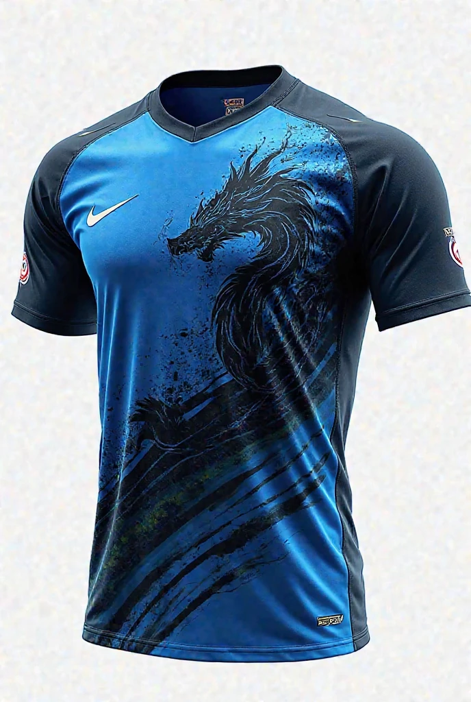 Brazilian football uniform without player, with black color ,with giant blue dragon ,Nike brand with blue scale on the right shoulder 